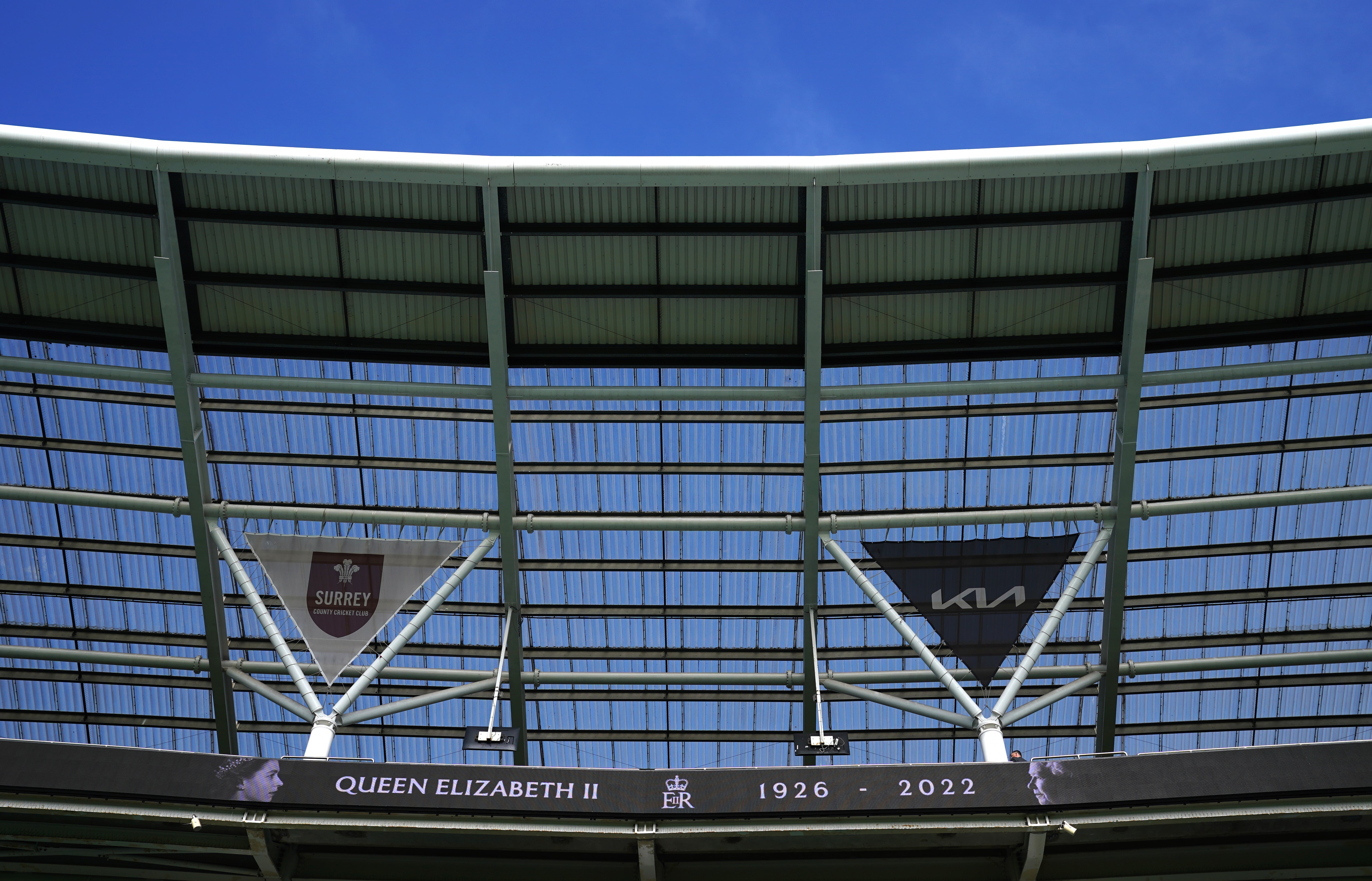 A tribute to the Queen ahead of day three of the third Test match between England and South Africa at the Kia Oval (John Walton/PA)