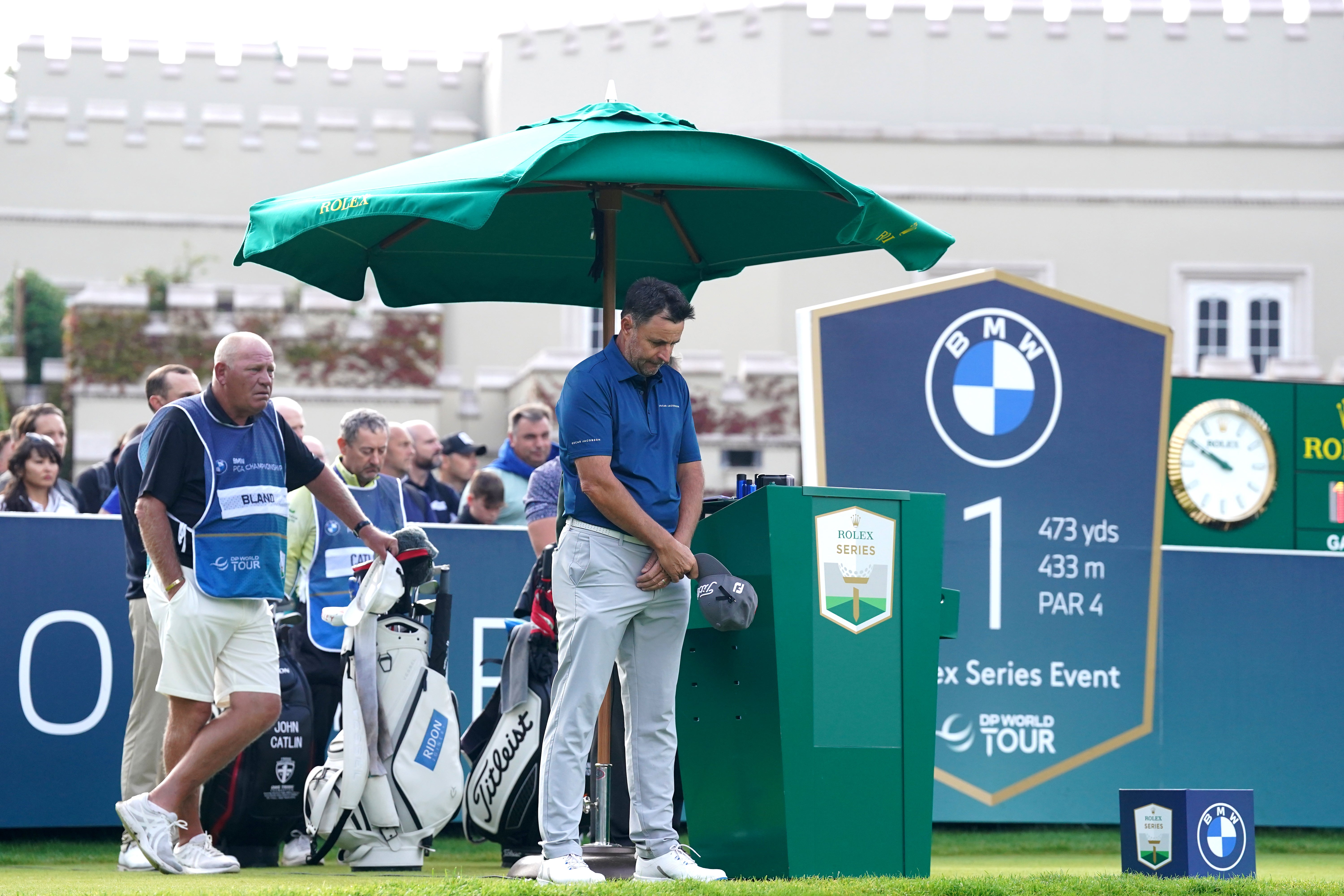 Richard Bland on the first tee as a two-minute silence is observed at the BMW PGA Championship (Adam Davy/PA)