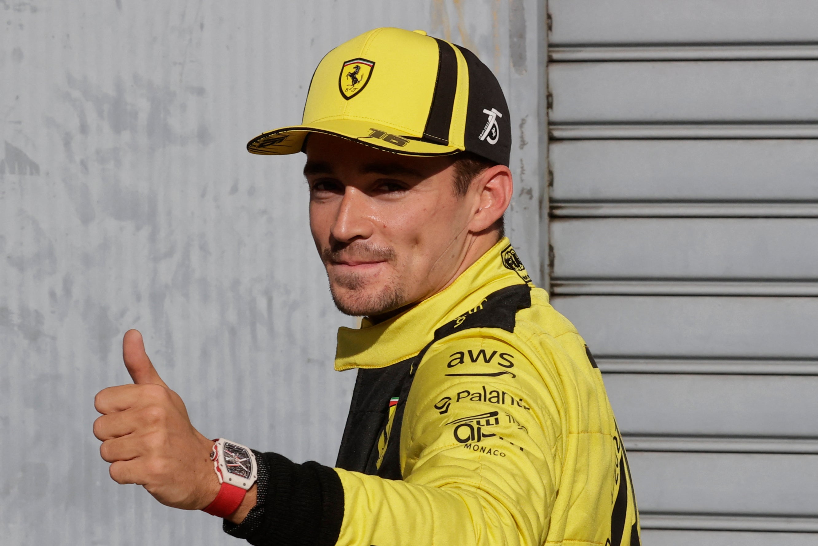 Thumbs up: Ferrari's Monegasque driver Charles Leclerc reacts after placing first in the qualifying session ahead of the Italian Grand Prix at the Autodromo Nazionale circuit in Monza on Saturday