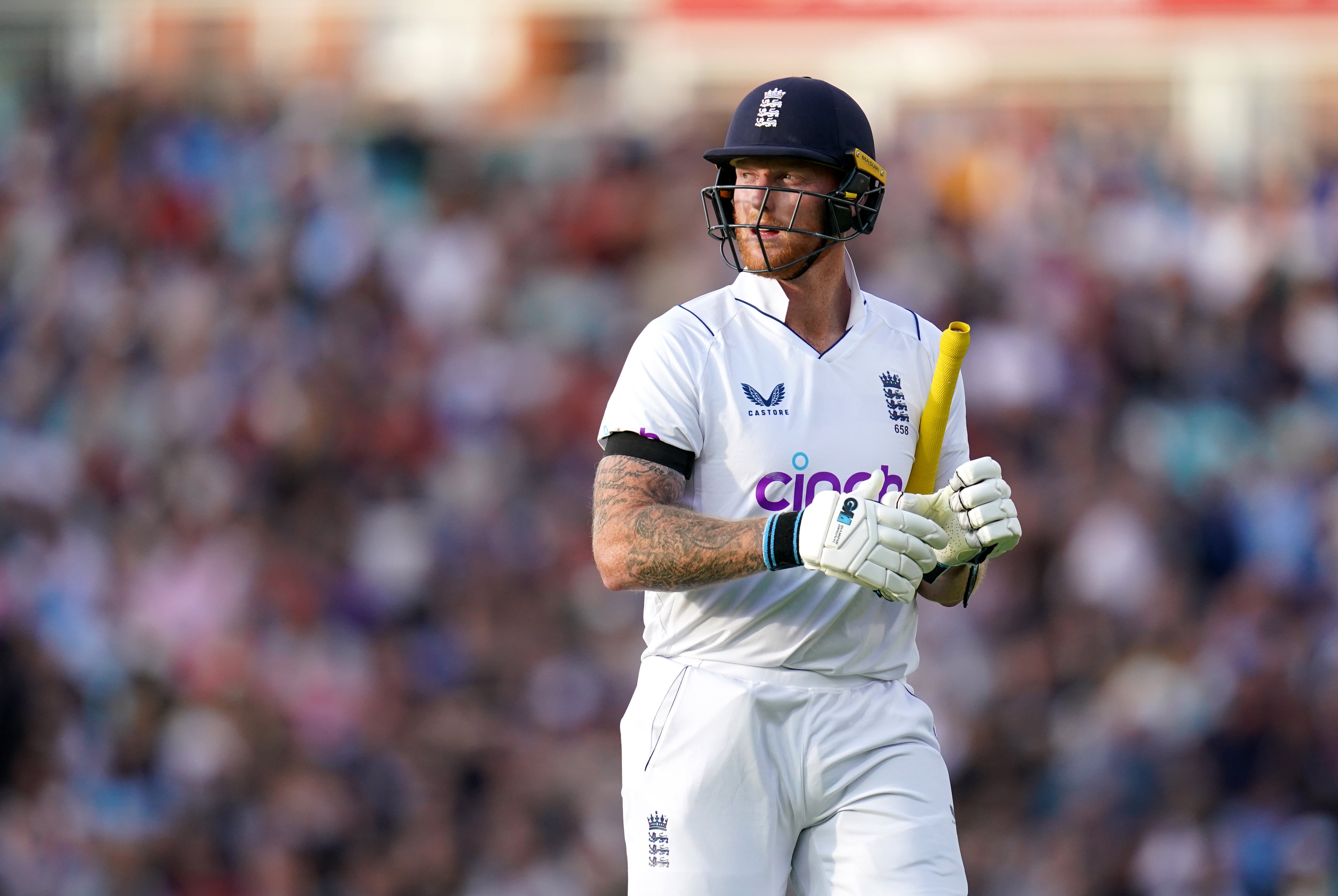 Ben Stokes walks off the field after being dismissed by South Africa’s Anrich Nortje (John Walton/PA)