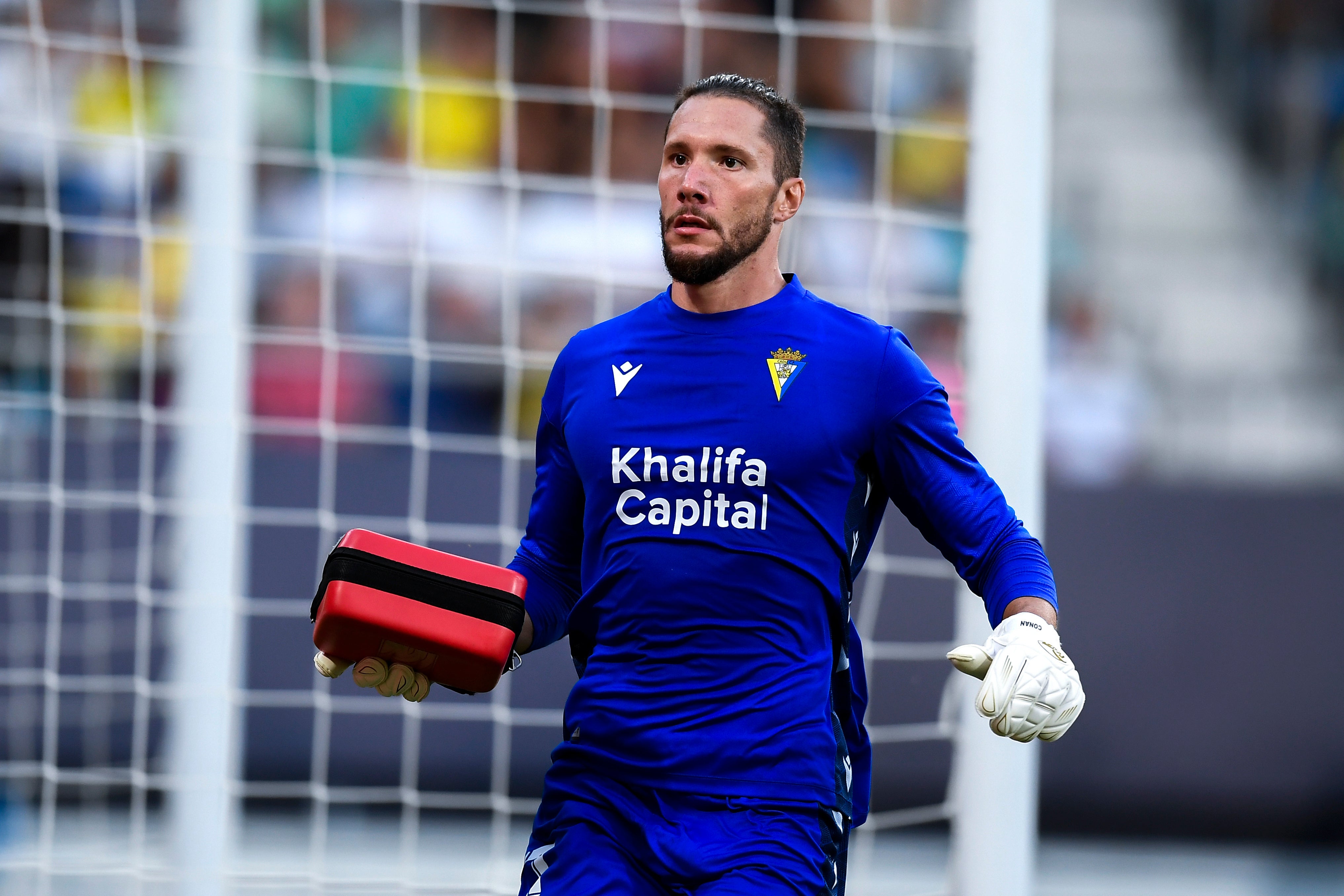 Cadiz’s goalkeeper Jeremias Ledesma took a defibrillator to the stands, where a supporter was treated by medics (Jose Breton/AP)