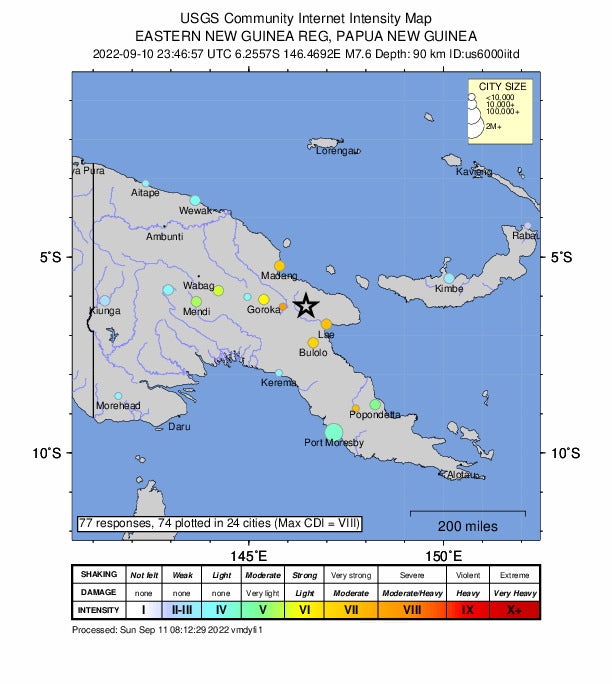 A handout shakemap made available by the United States Geological Survey (USGS) shows the location of a 7.6-magnitude earthquake hitting near Kainantu, Papua New Guinea