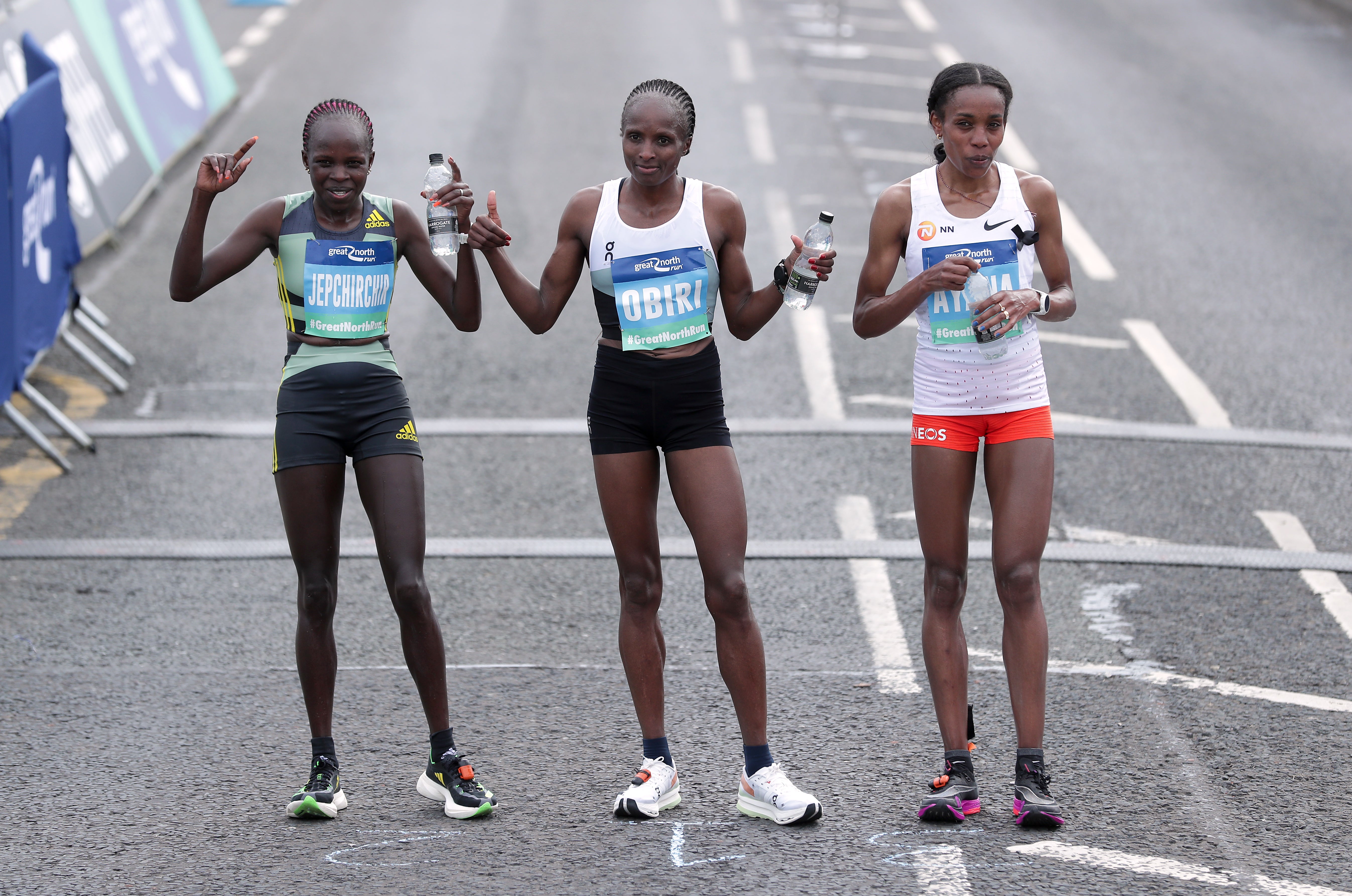 Elite women’s race winner Hellen Obiri with second-placed Peres Jepchirchir and third-placed Almaz Ayana (Richard Sellers/PA)