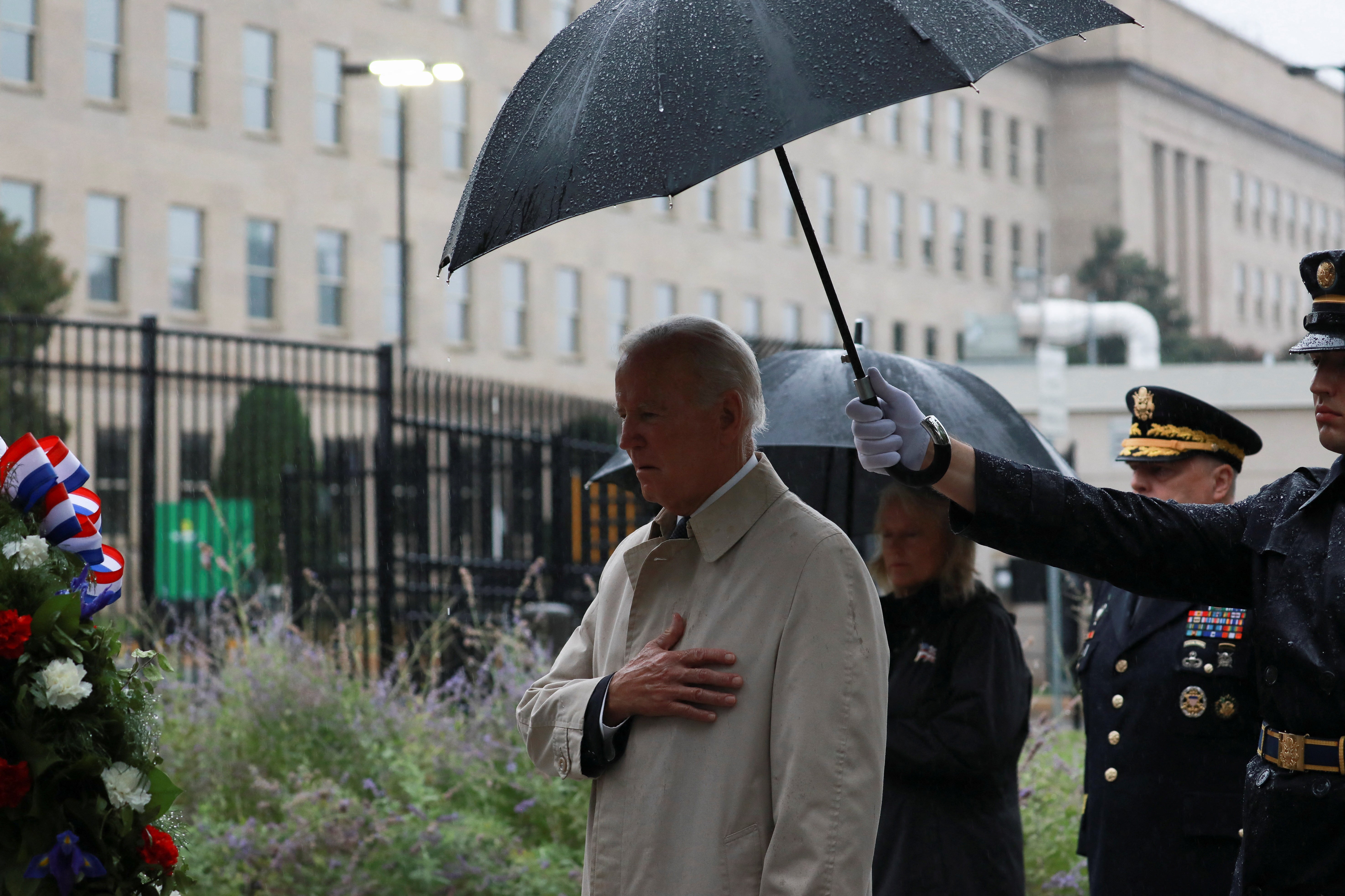 President Joe Biden attends a wreath-laying ceremony to honour victims of 9/11 attacks at the Pentagon on 11 September