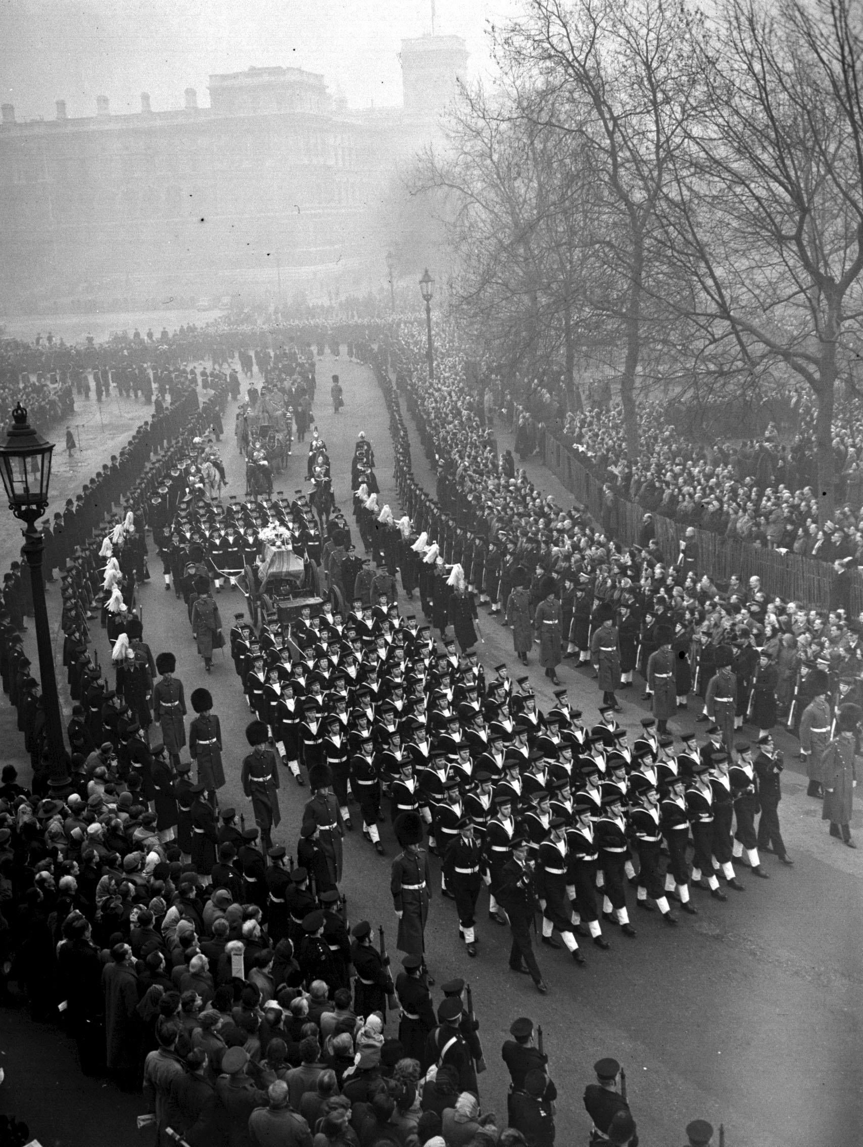 The funeral cortege of King George VI moving from Horse Guards Parade into the Mall