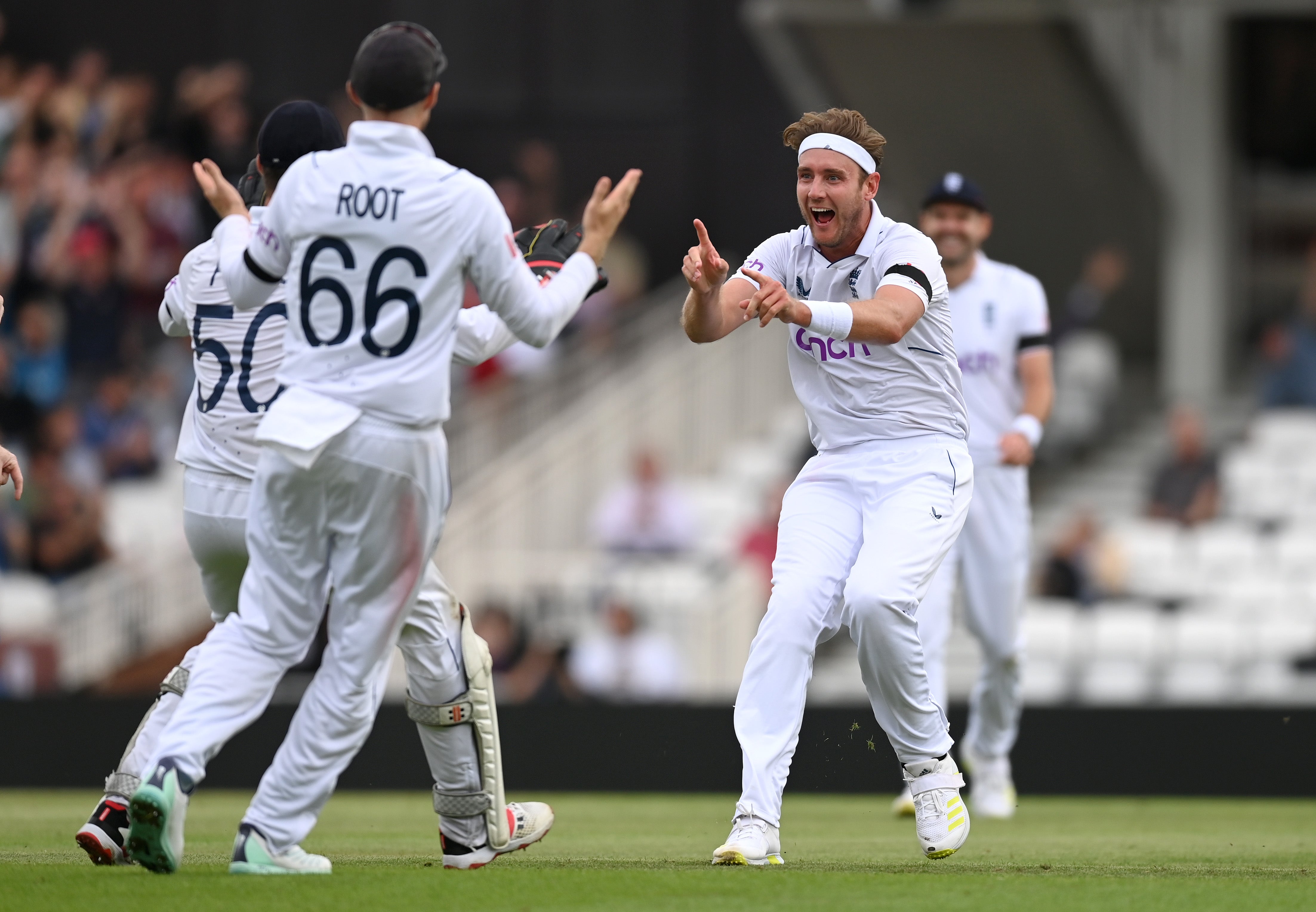 Stuart Broad celebrates after dismissing Ryan Rickelton