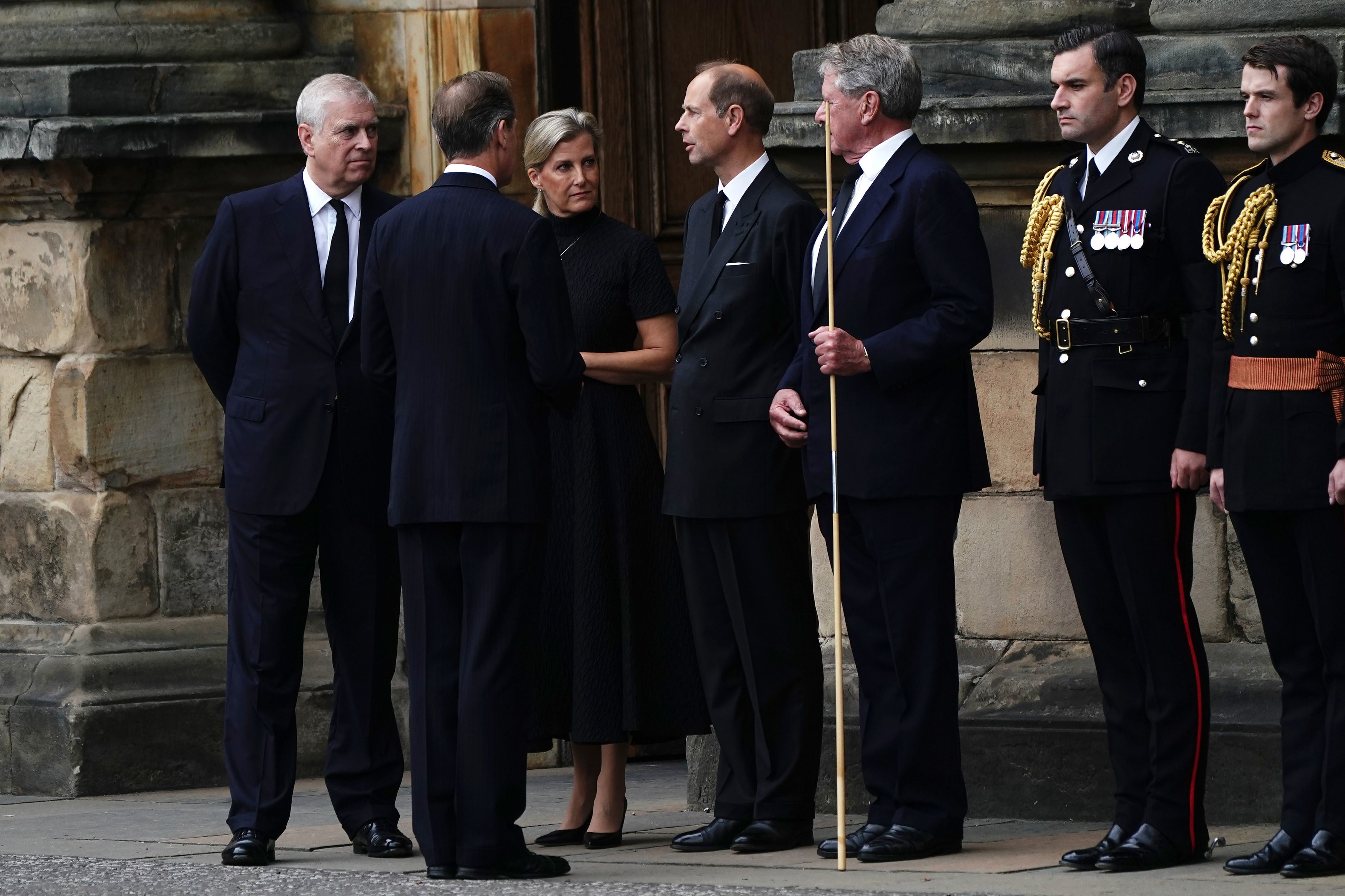 The Duke of York (left), the Countess of Wessex (second left), and the Earl of Wessex (centre) at the Palace of Holyroodhouse in Edinburgh