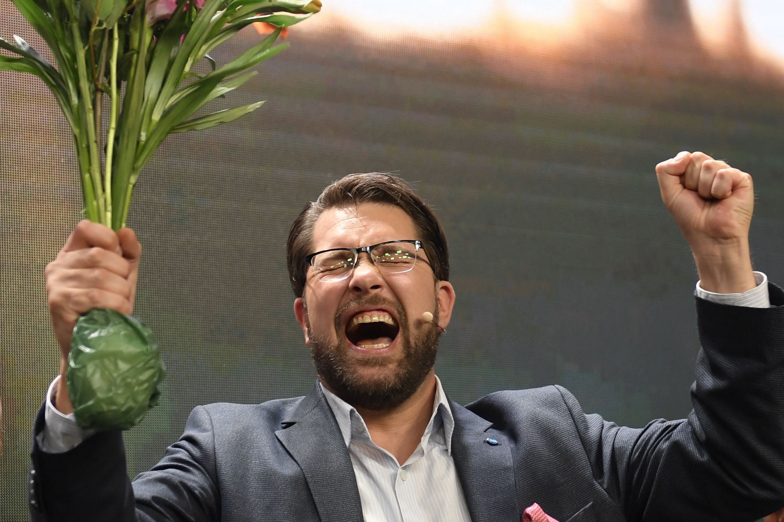 The leader of the Sweden Democrats Jimmie Akesson reacts after polls closed.