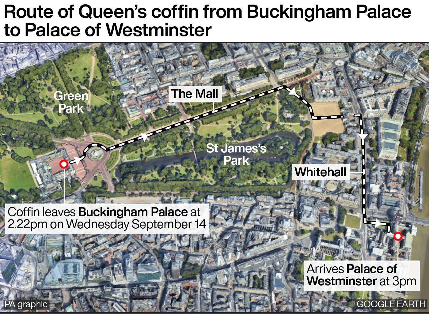 The route the Queen’s coffin will take to Westminster Hall on Wednesday