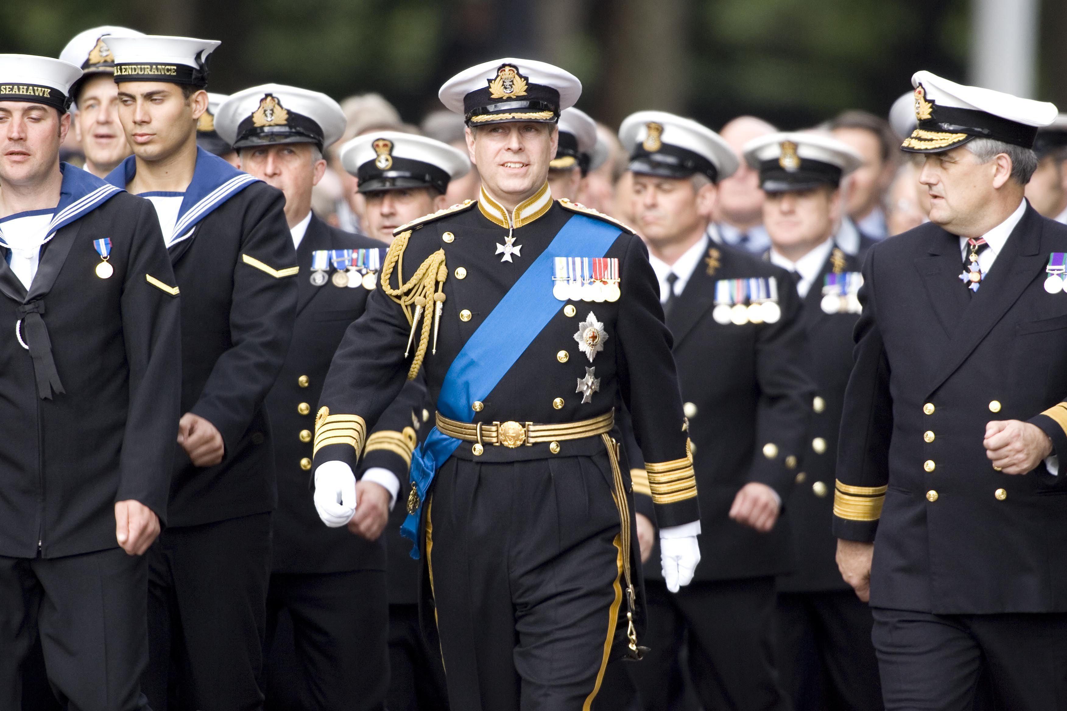 Prince Andrew in military uniform in central London to mark the 25th anniversary of the Falklands War