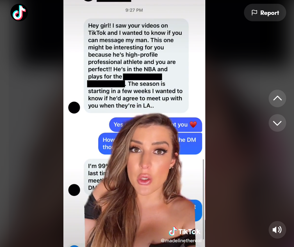 Tiktok user madelinethereal claims to have caught an unidentified professional basketball player attempting to cheat on his girlfriend, according to a video she shared to her profile