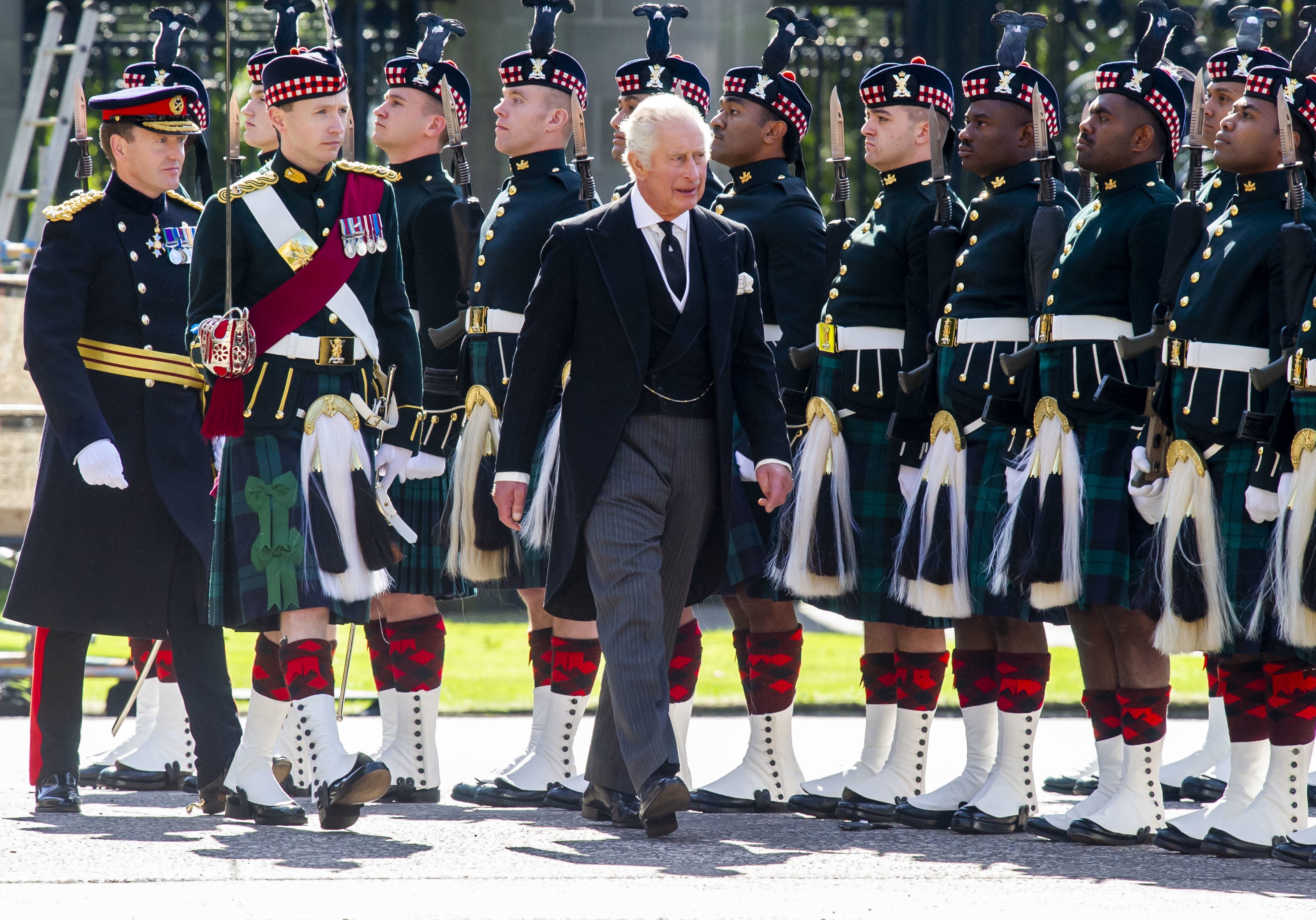 The King inspects the guard of honour at the Ceremony of the Keys at the Palace of Holyroodhouse (Lisa Ferguson/The Scotsman/PA)