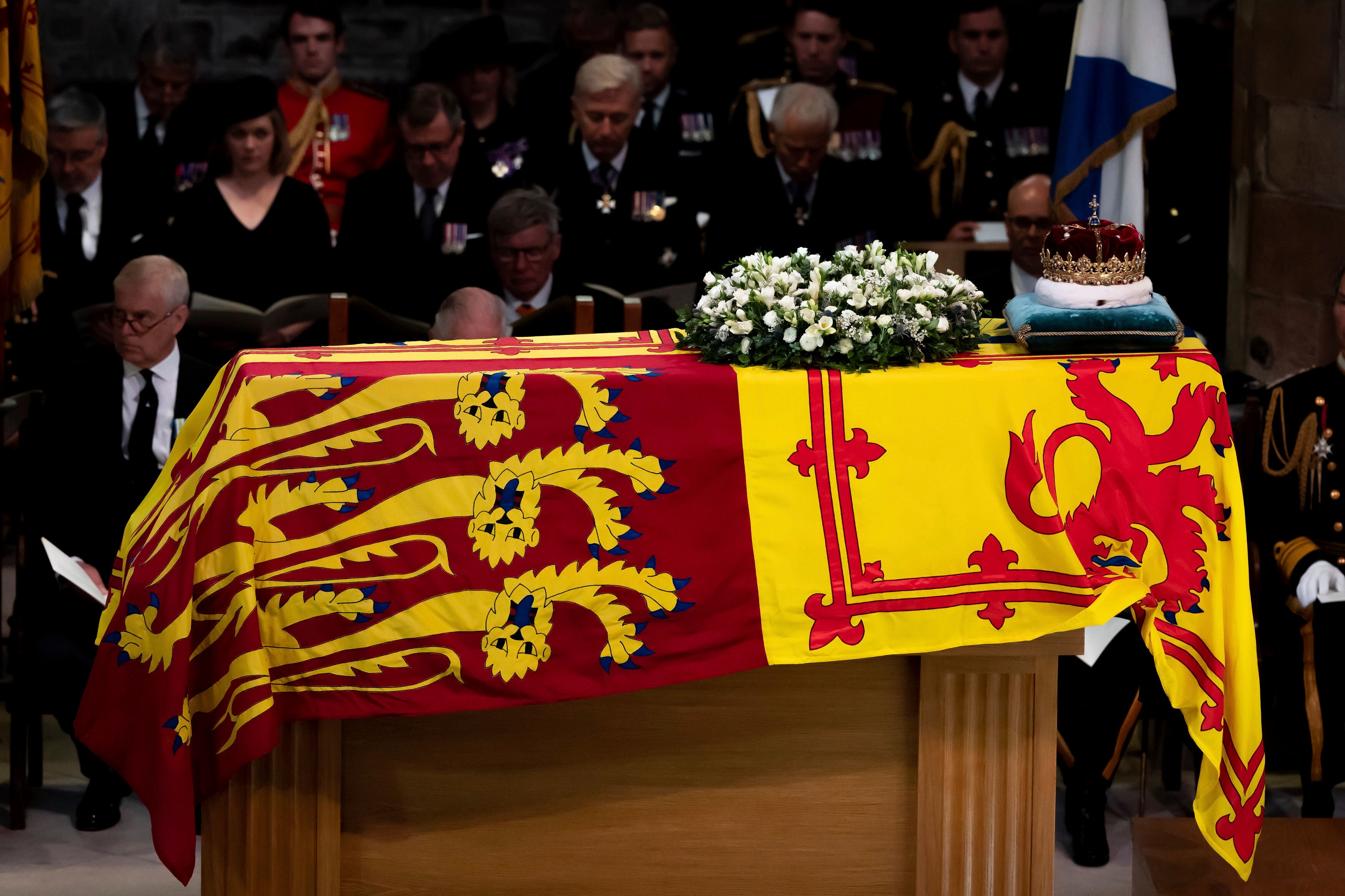 The Crown of Scotland sits atop the coffin of Queen Elizabeth II during a Service of Prayer and Reflection for her life at St Giles' Cathedral