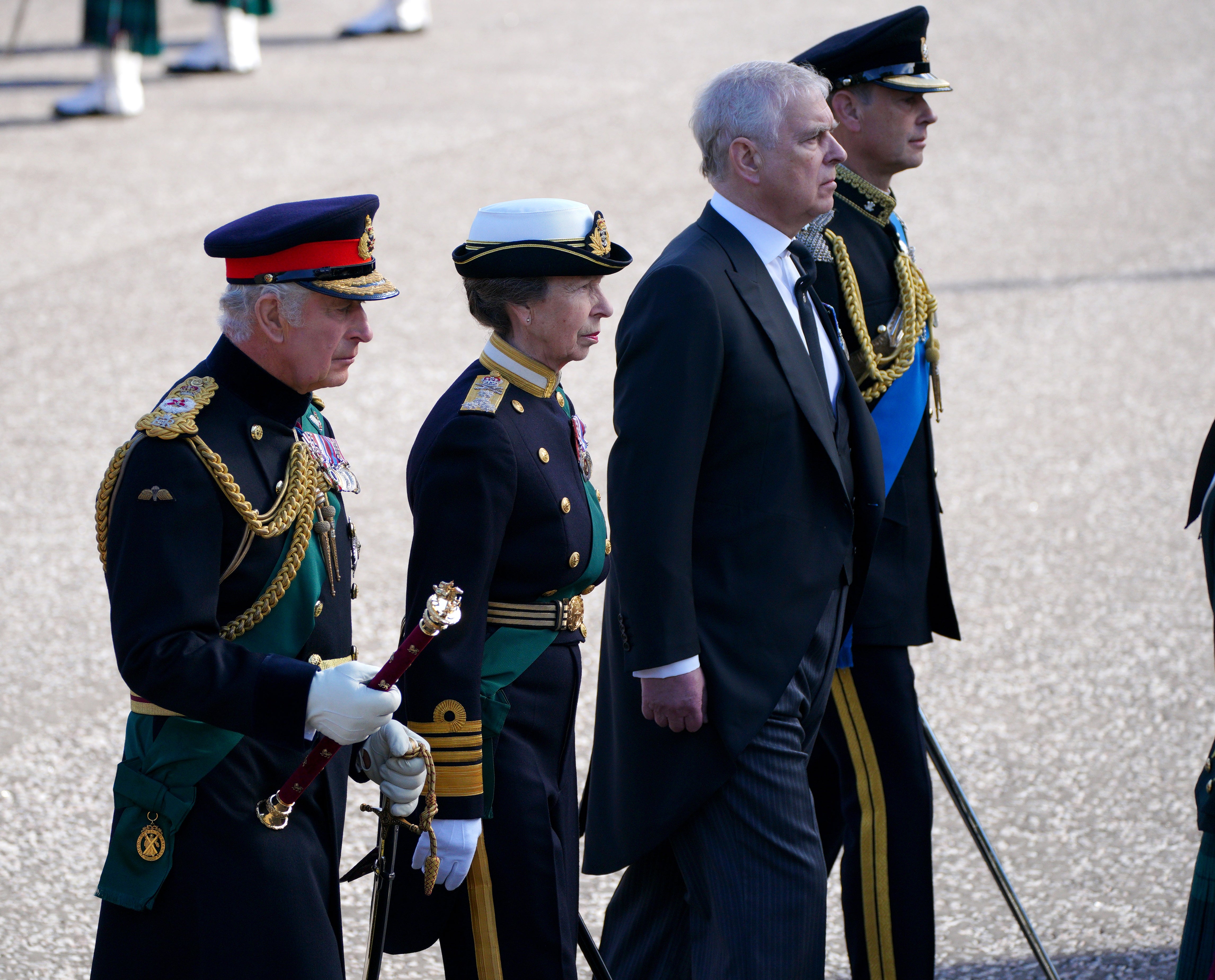 (left to right) King Charles III, the Princess Royal, the Duke of York and the Earl of Wessex walk behind Queen Elizabeth II’s coffin during the procession from the Palace of Holyroodhouse to St Giles’ Cathedral, Edinburgh (Jon Super/PA)