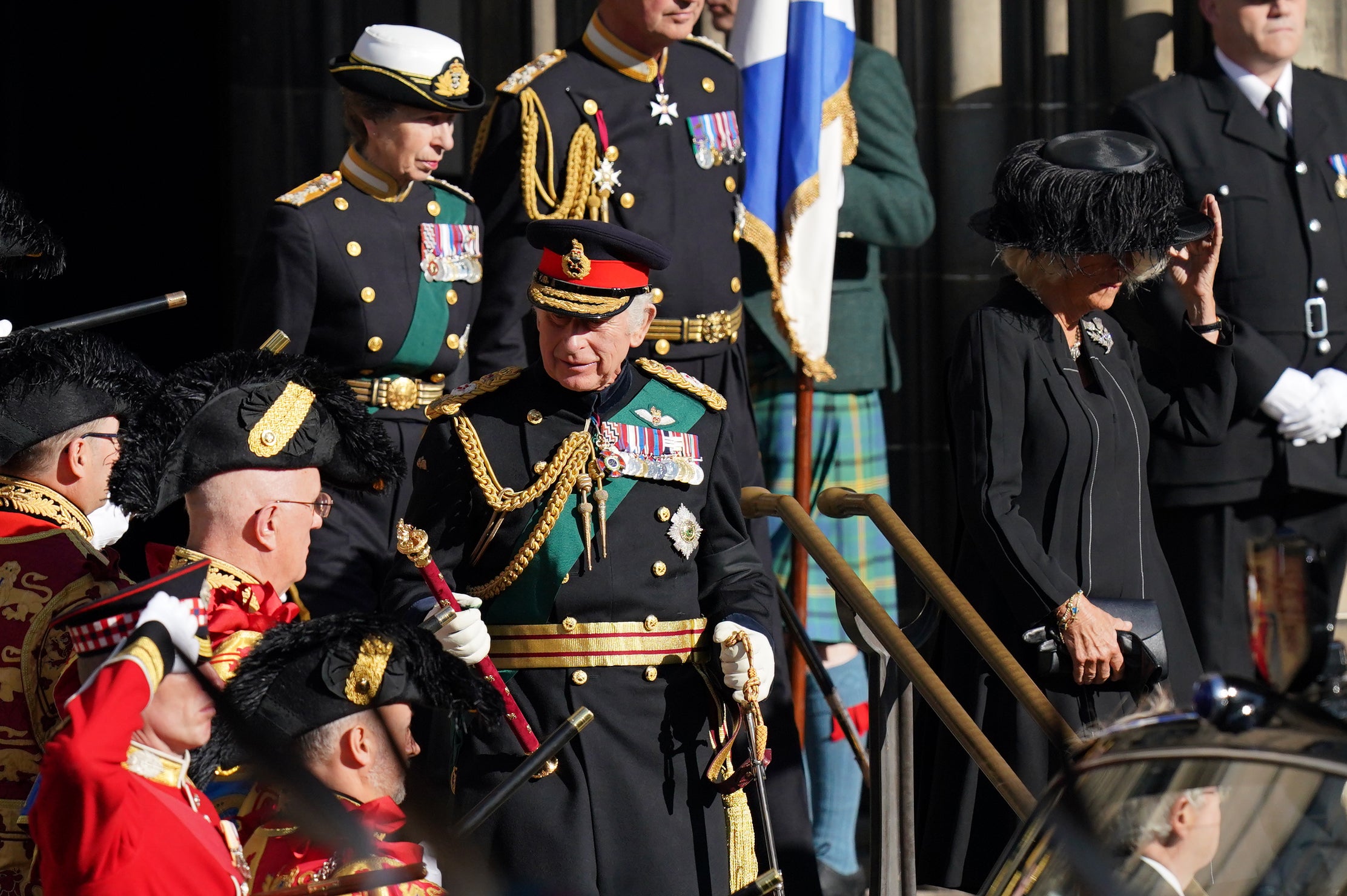 King Charles III, the Queen Consort and the Princess Royal leaving the service at St Giles’ Cathedral, Edinburgh