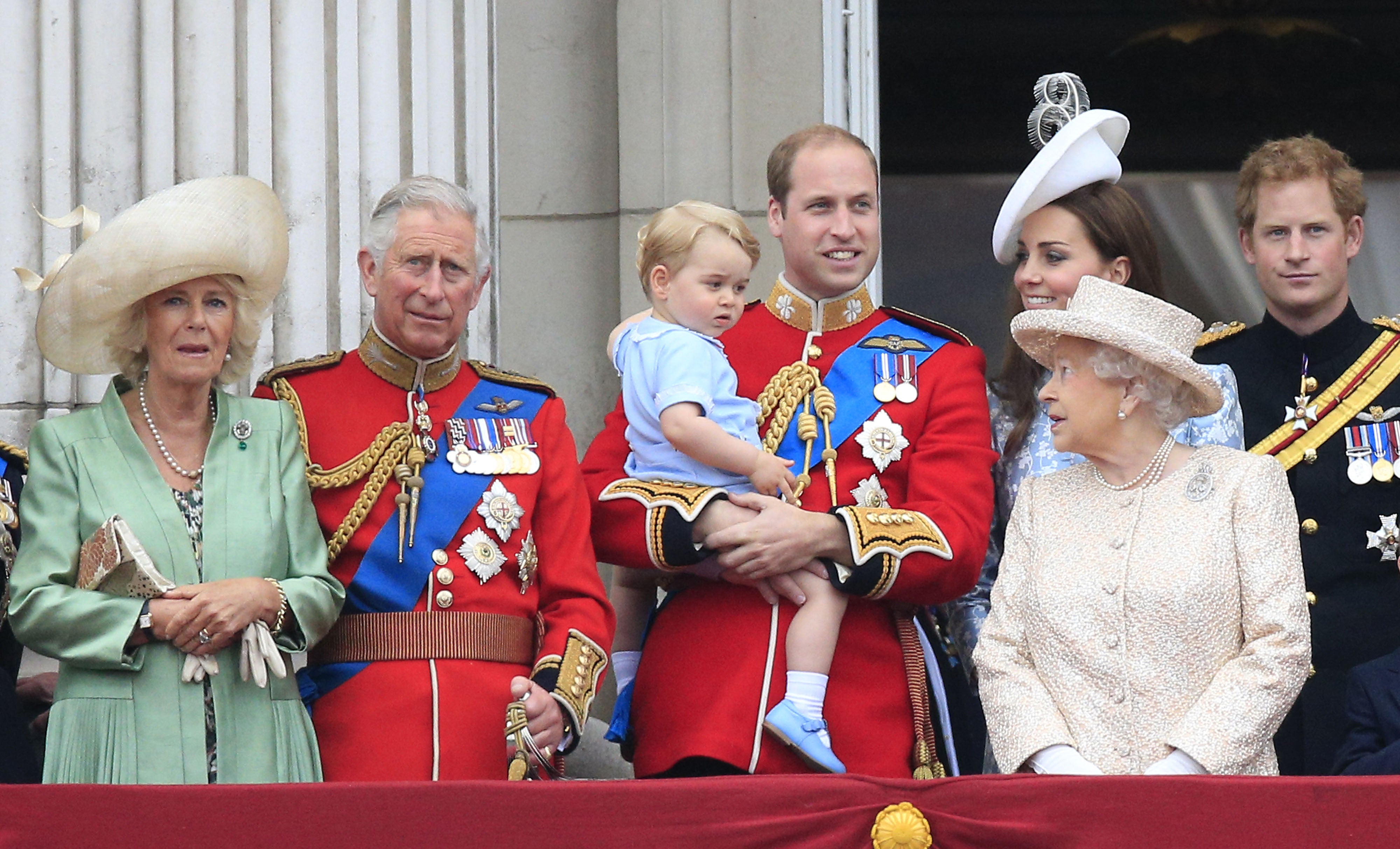 The Duchess of Cornwall, the Prince of Wales, Prince George, the Duke and Duchess of Cambridge, Queen Elizabeth II, Prince Harry