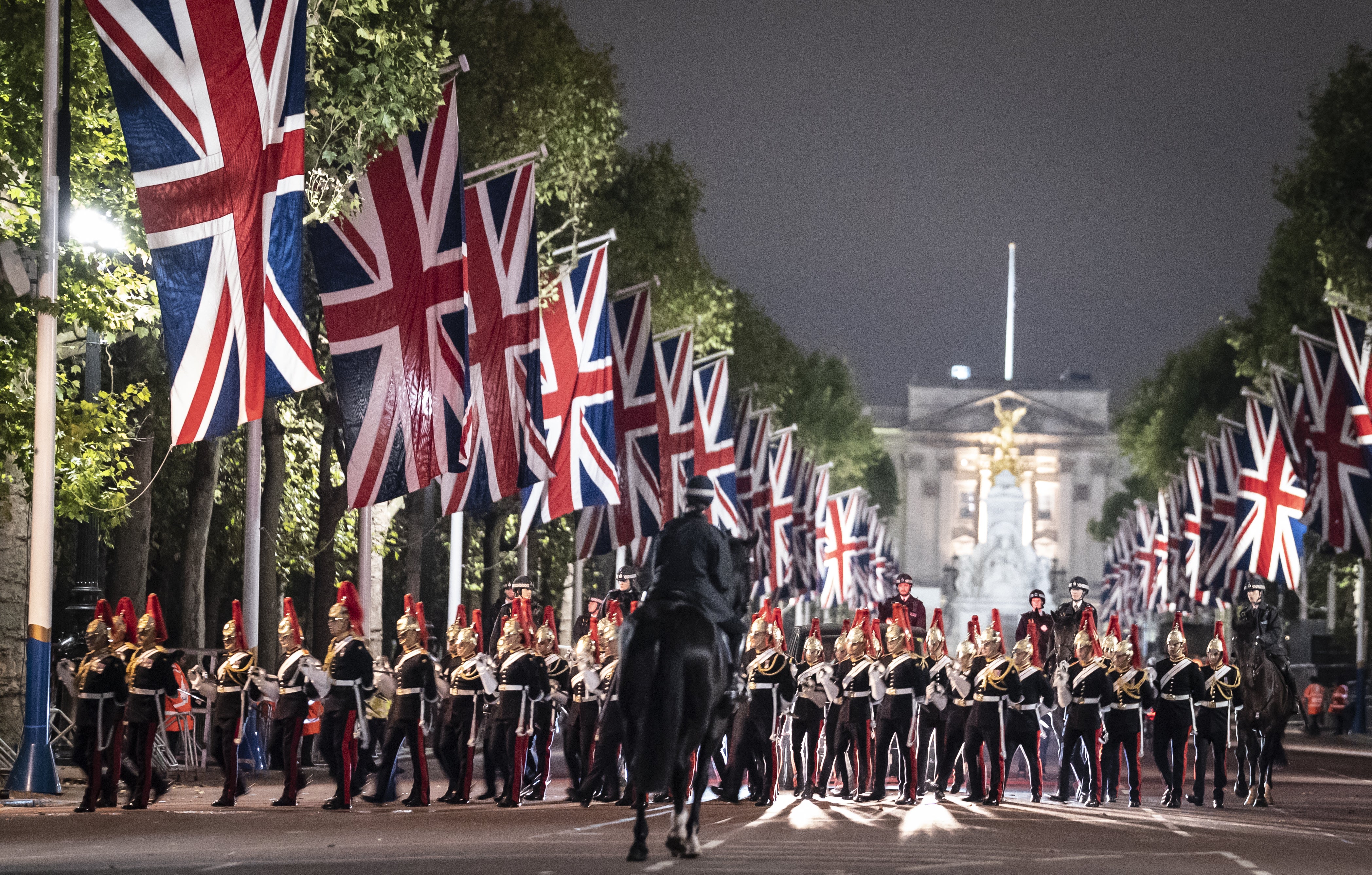 An early morning rehearsal for the procession of Queen Elizabeth’s coffin from Buckingham Palace to Westminster Hall, London, where it will lie in state until her funeral on Monday (Danny Lawson/PA)