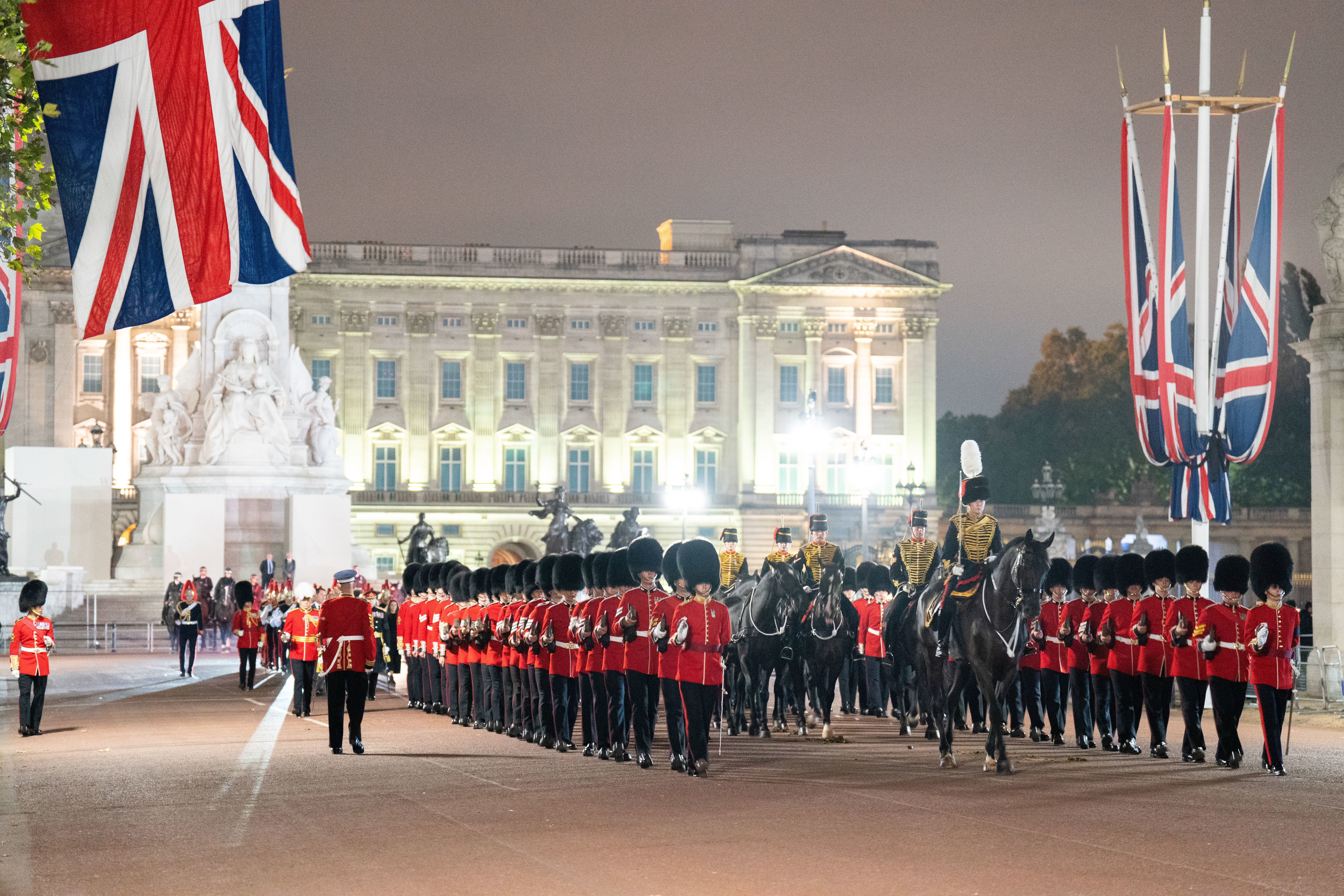 An early morning rehearsal for the procession of the Queen coffin from Buckingham Palace to Westminster Hall in London (James Manning/PA)