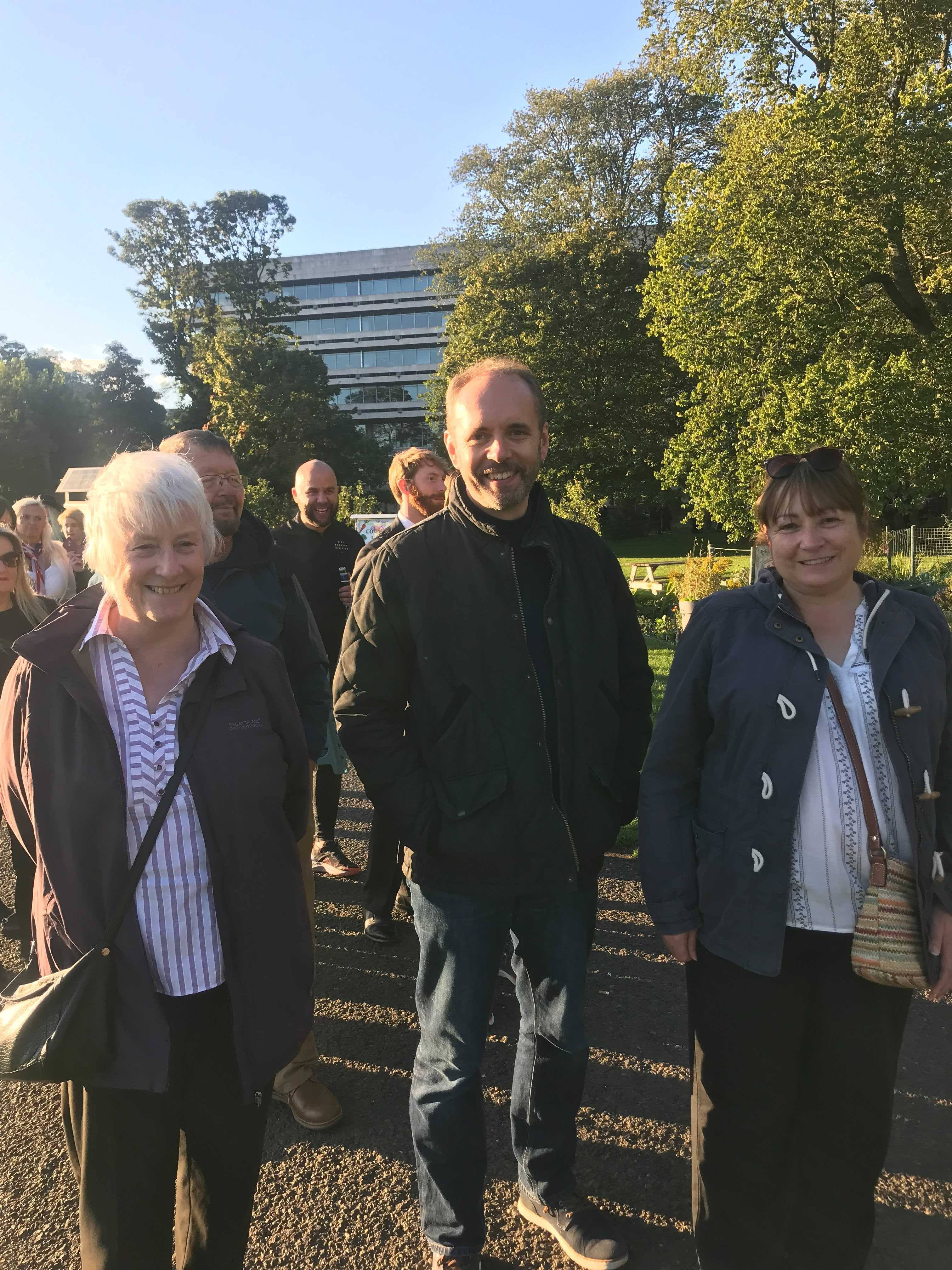 Reverend Sheila Cameron, a retired priest in the Scottish episcopal church, (right) made friends with David Gardner, 56 and his wife Jo, as they waited in line.