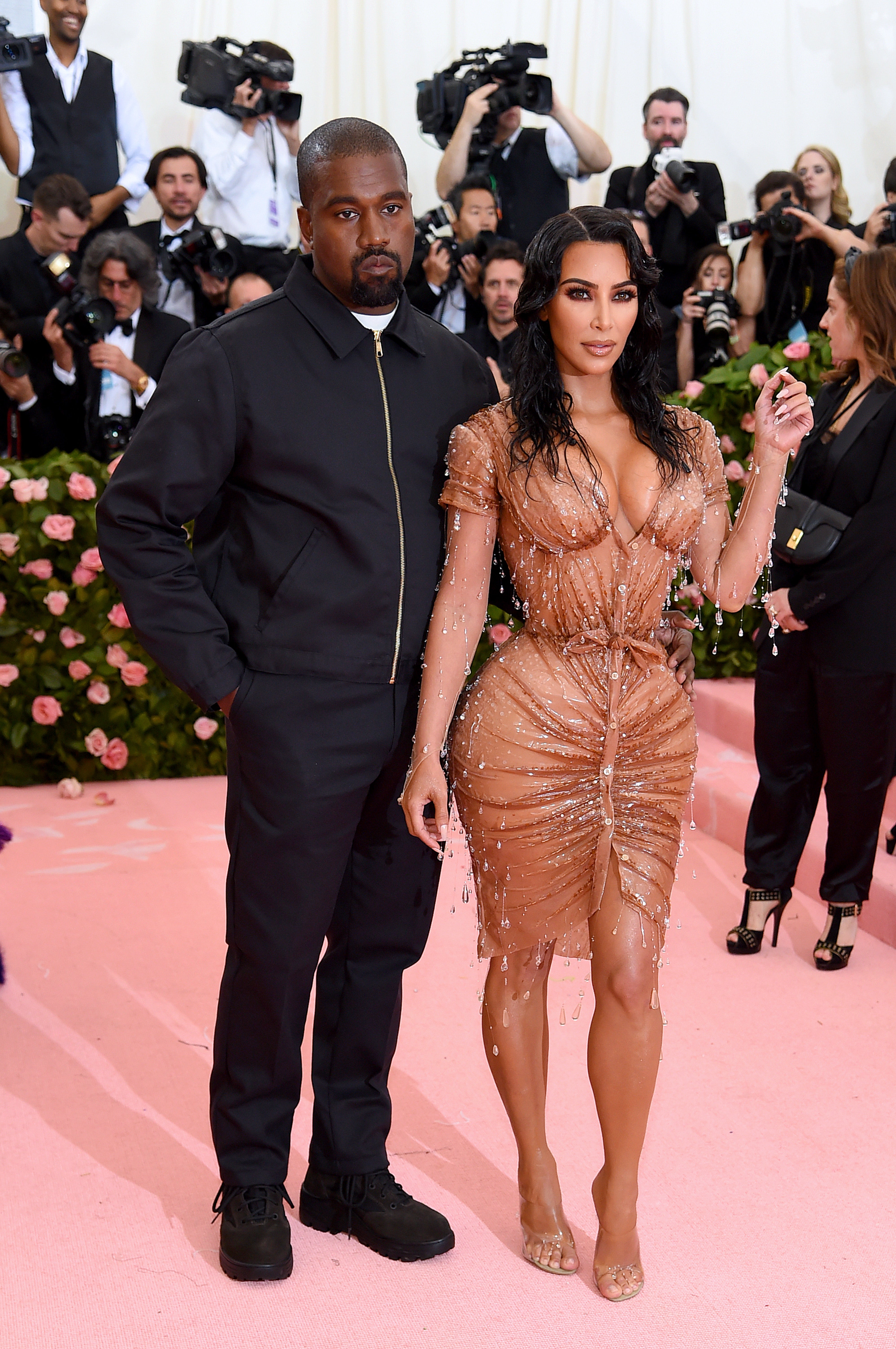 Kanye West arrives at the 2019 Met Gala in a black zip-up Dickies jacket