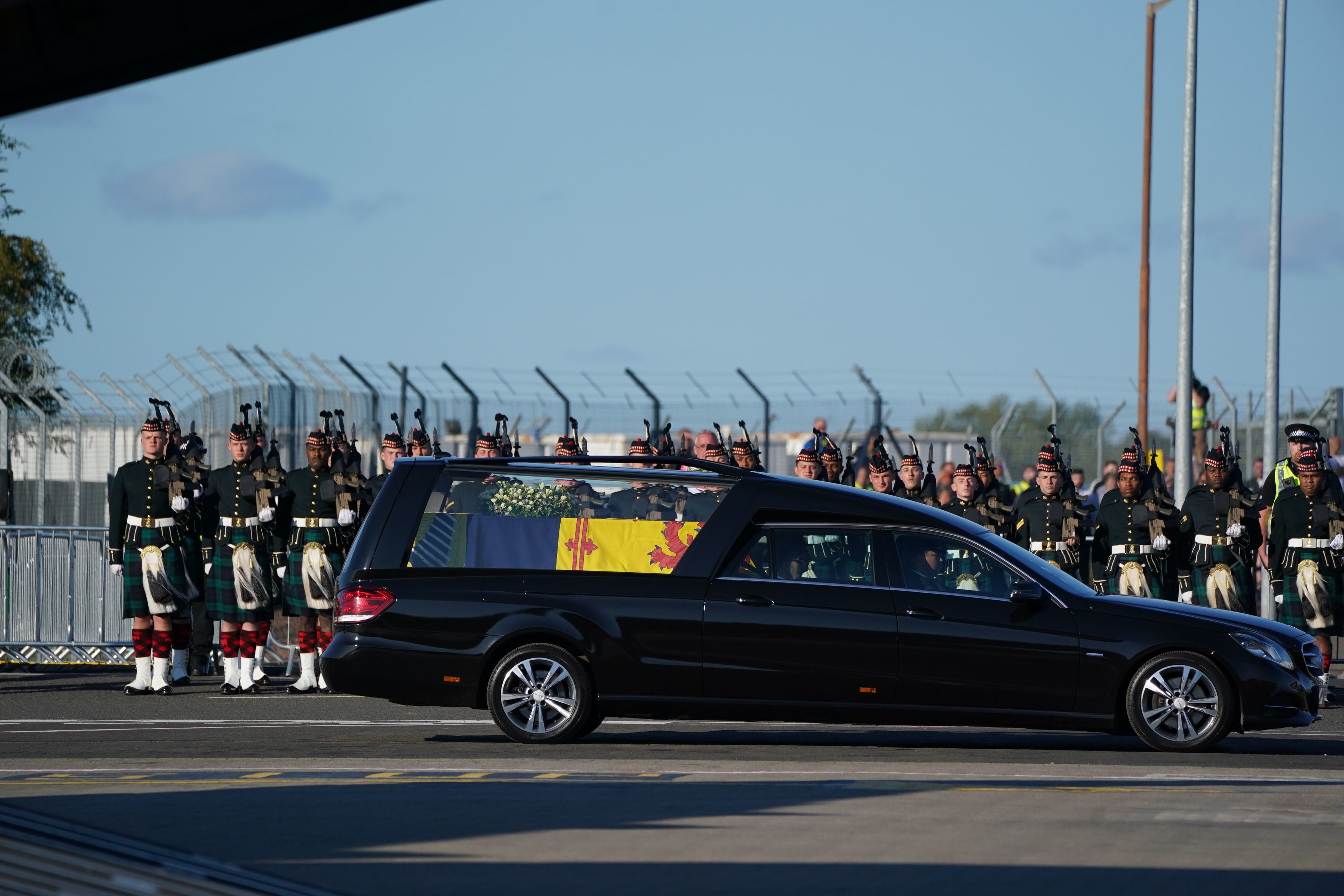 The coffin of Queen Elizabeth II at Edinburgh Airport