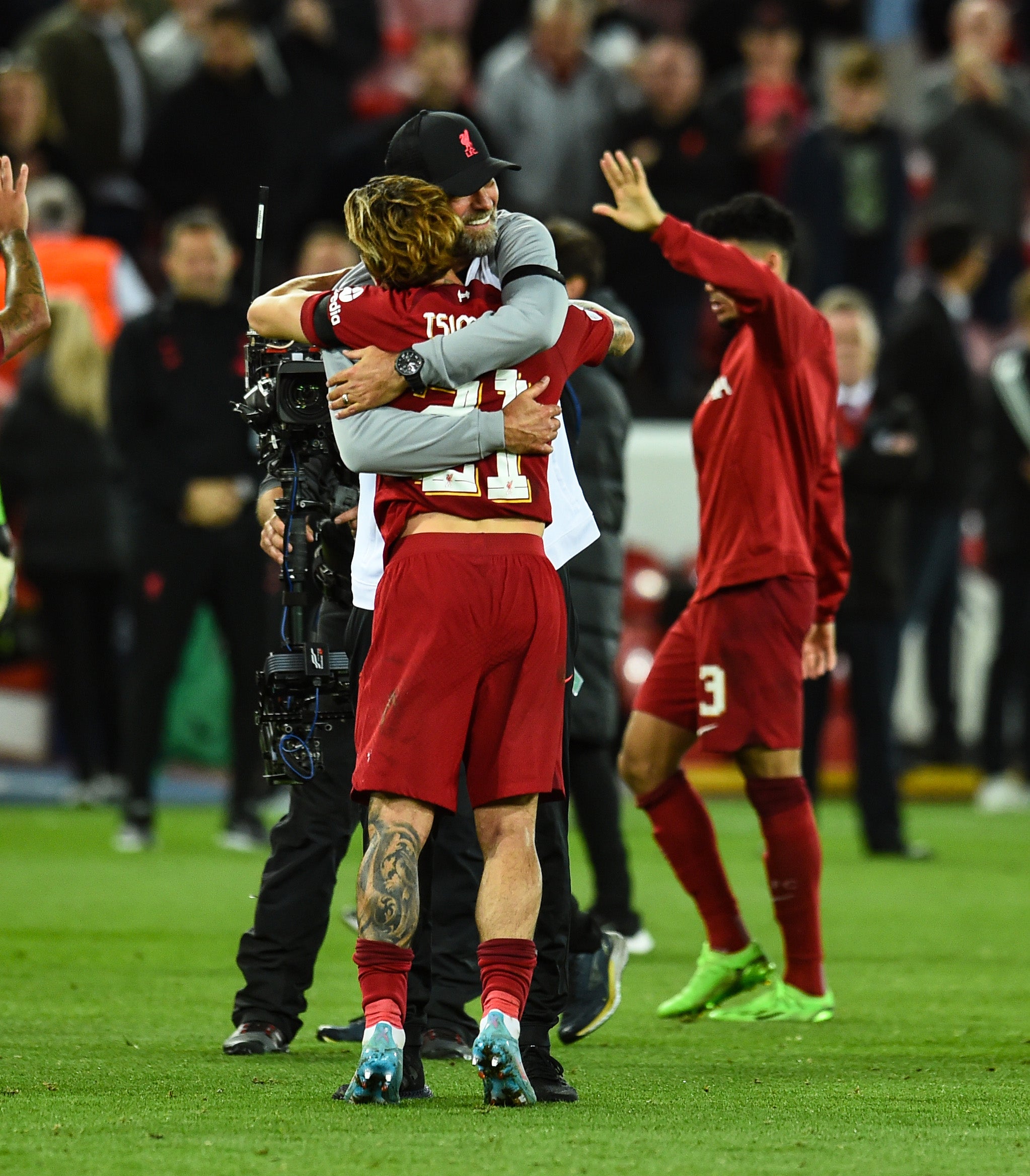 Klopp congratulates Konstantinos Tsimikas after the game