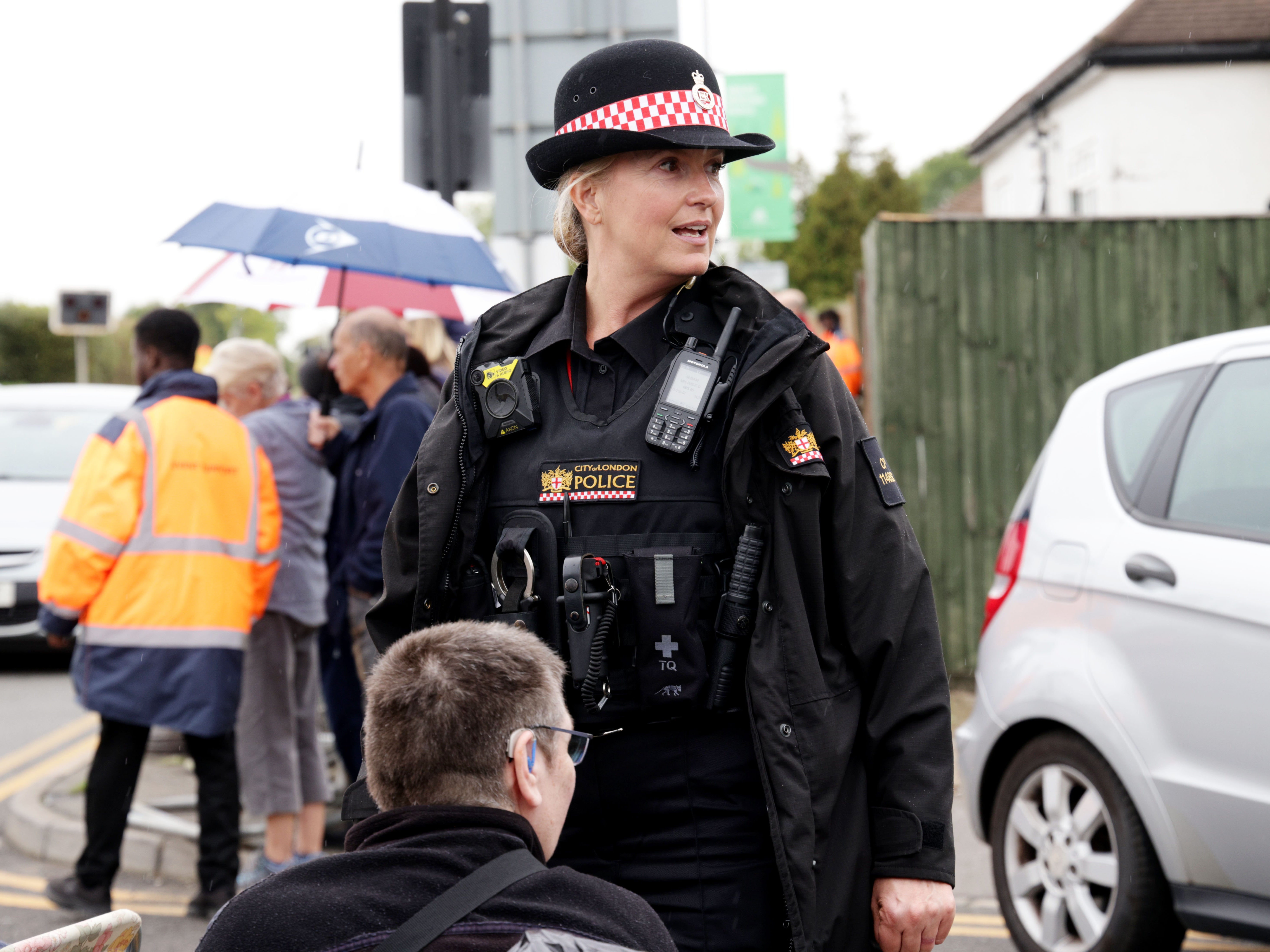 Penny Lancaster in her role in City of London Police keeping order outside RAF Northolt, London