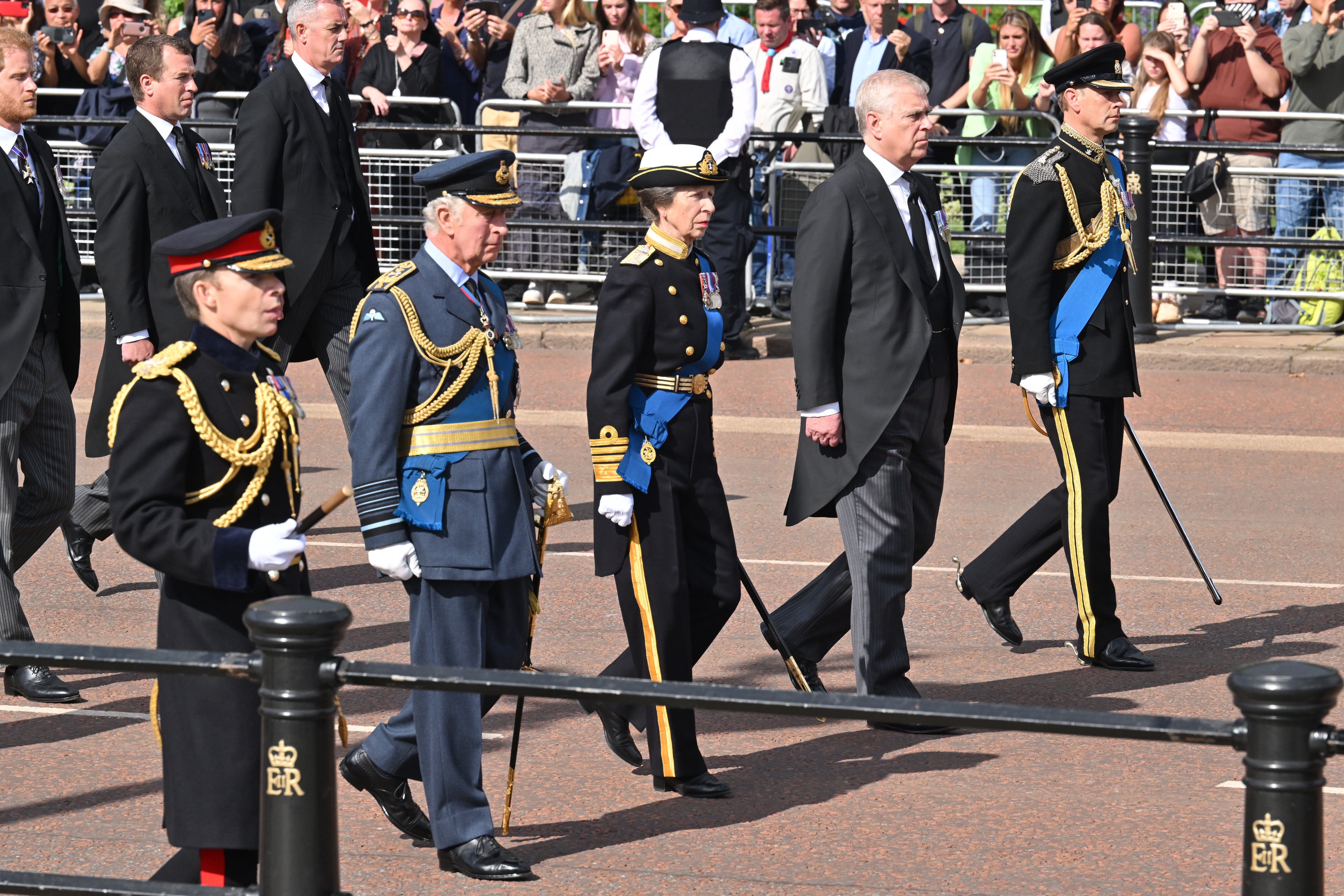 King Charles, Princess Anne, the Princess Royal, Prince Andrew, the Duke of York and Prince Edward, Earl of Wessex