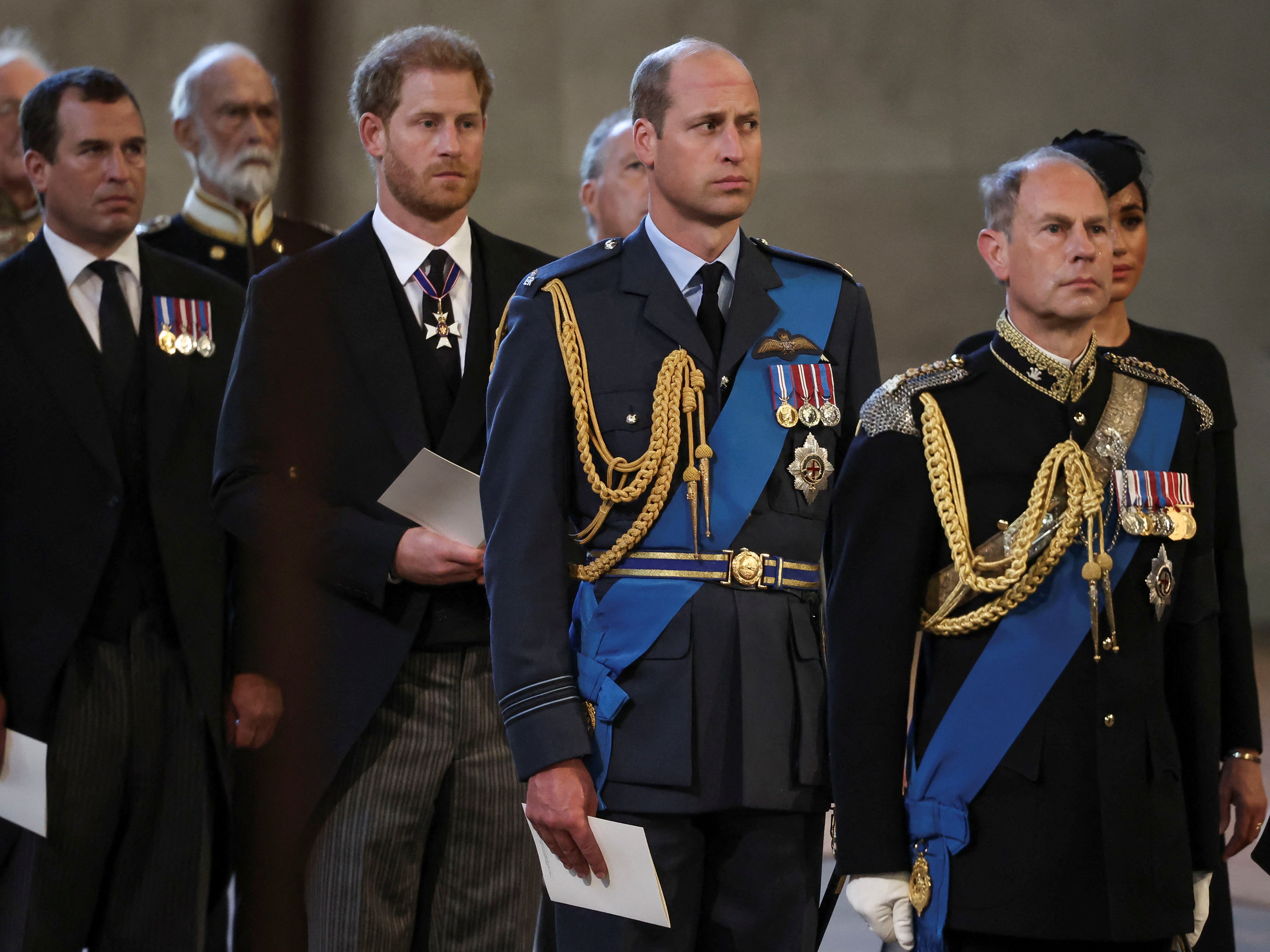 Edward was joined by Peter Phillips, Prince Harry, Prince William and the Princess of Wales during the ceremonial procession from Buckingham Palace to Westminster Hall