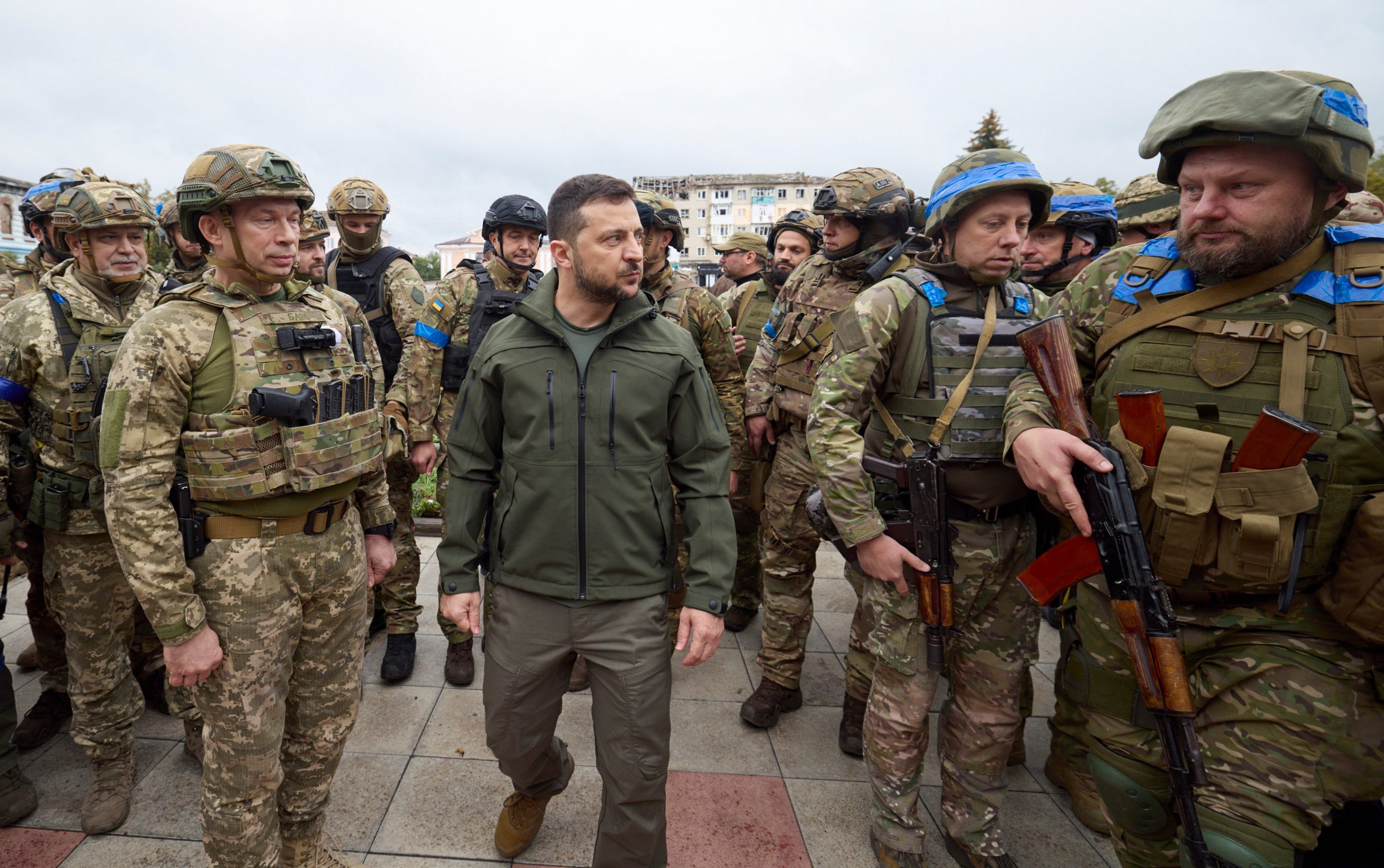 Ukrainian President Volodymyr Zelensky attends a ceremony of the National flag rising in the reclaimed city of Izyum in Kharkiv's area