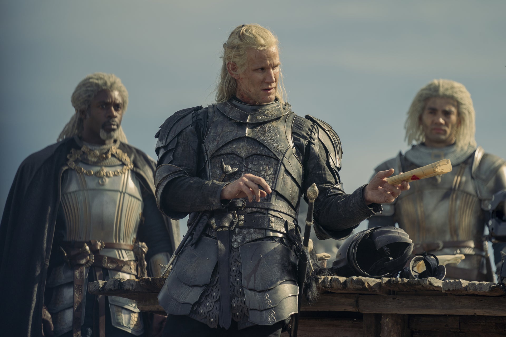 Vaemond Velaryon (Wil Johnson), Daemon (Smith) and Laenor Velaryon (Theo Nate)