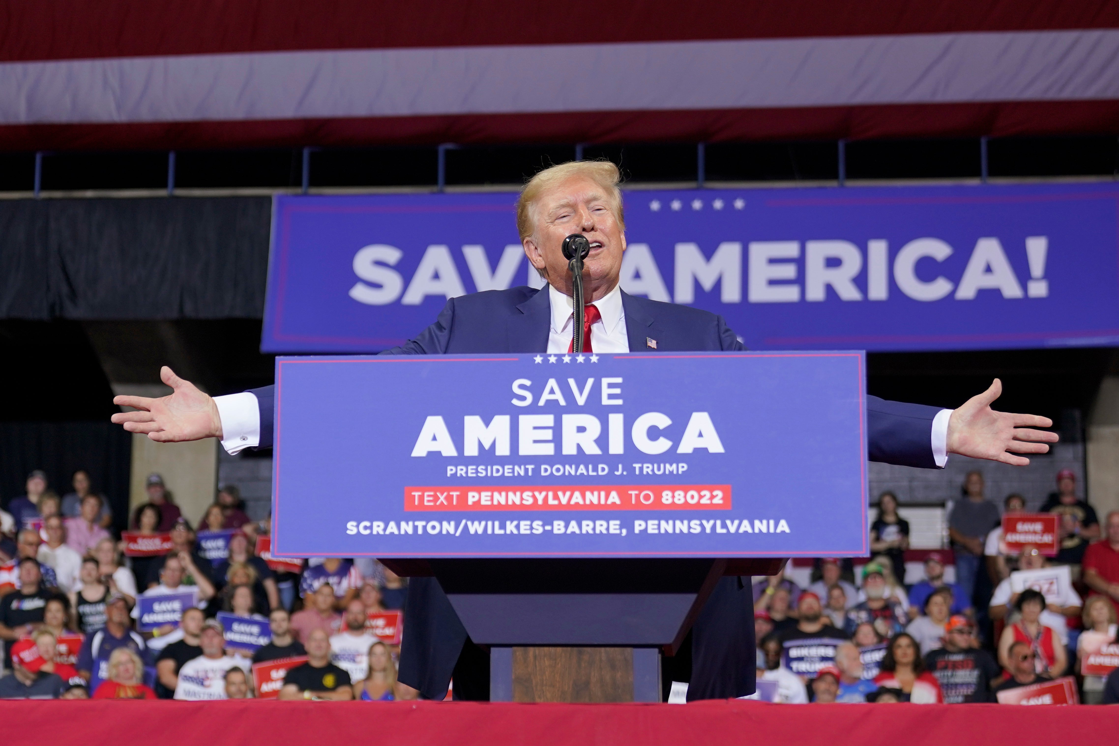 Donald Trump appears at a rally in Wilkes-Barre, Pennsylvania on 3 September.