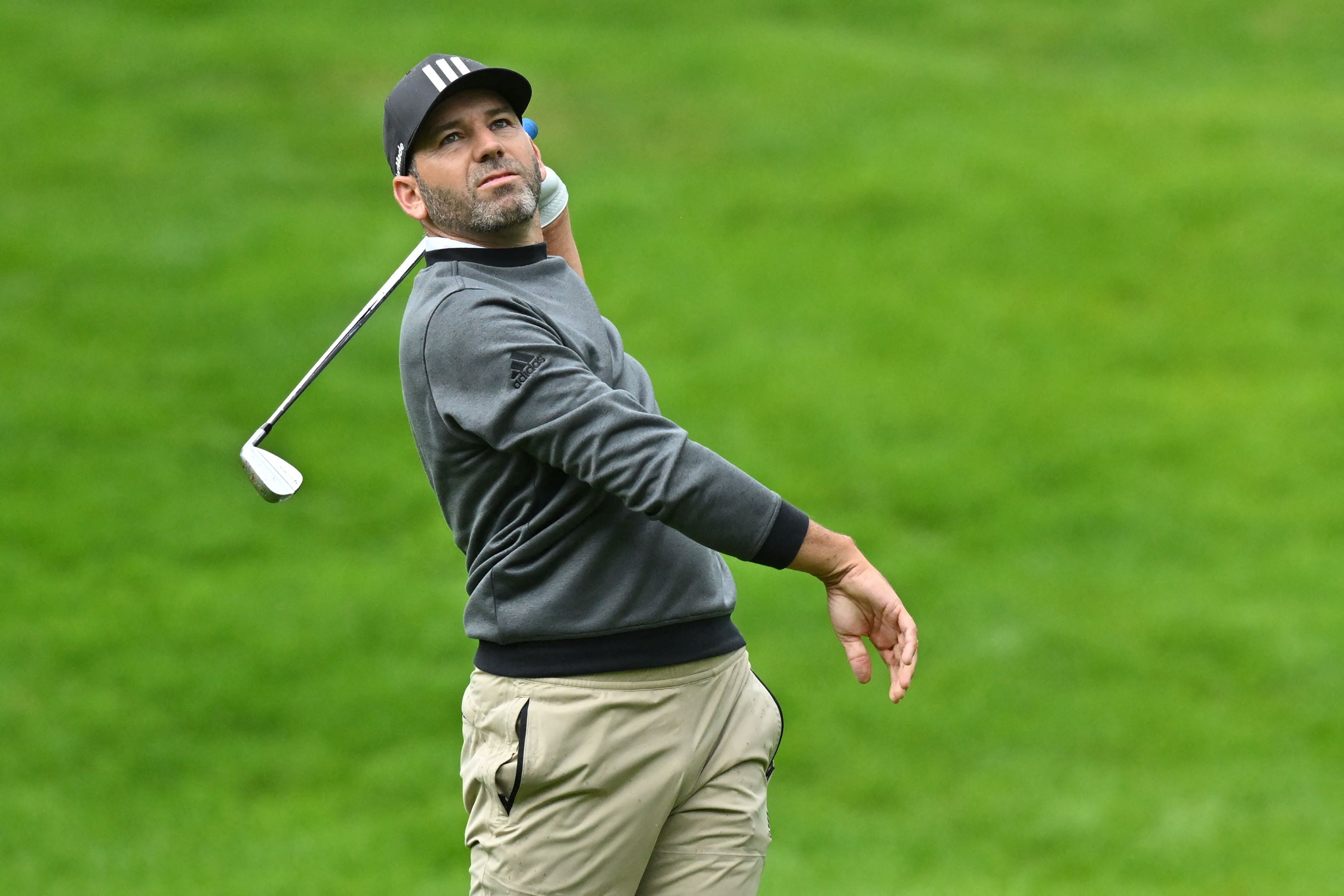 Sergio Garcia reacts to a wayward iron shot during his opening round at Wentworth