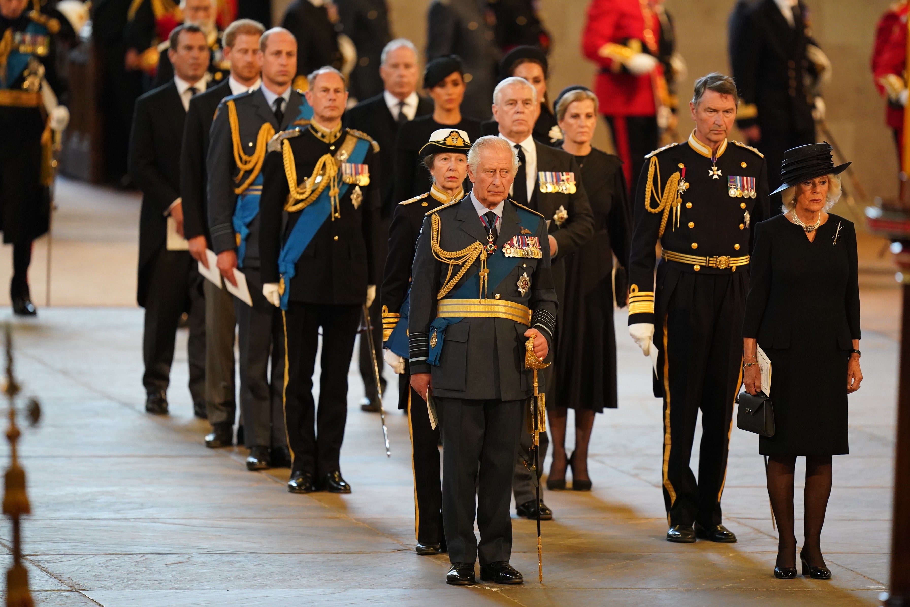 Camilla followed the bearer party carrying the coffin of Queen Elizabeth II into Westminster Hall on Wednesday (Jacob King/PA)