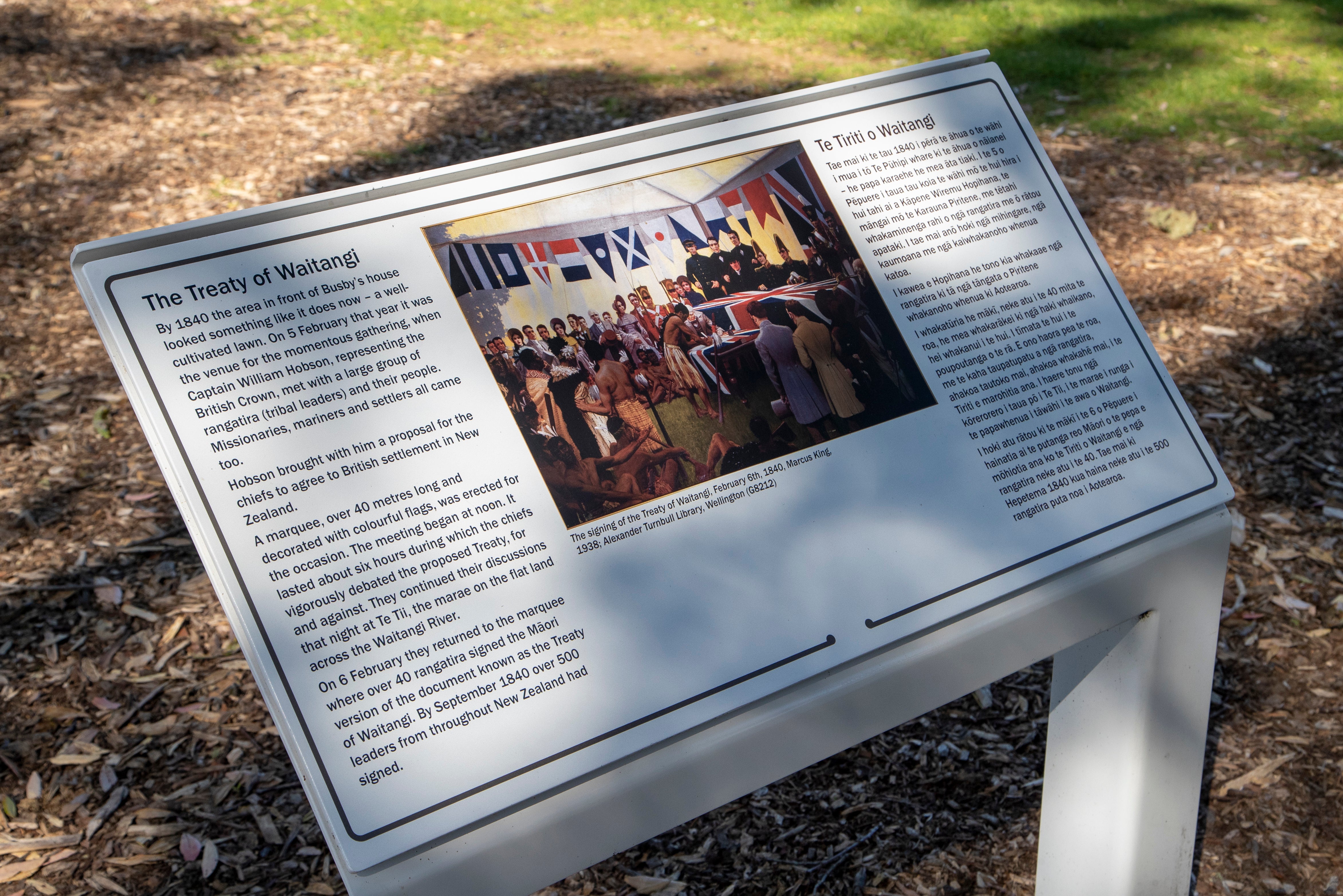 A sign on the Waitangi Treaty Grounds where the Treaty of Waitangi was first signed between Maori and the British Crown on 6 February 1840