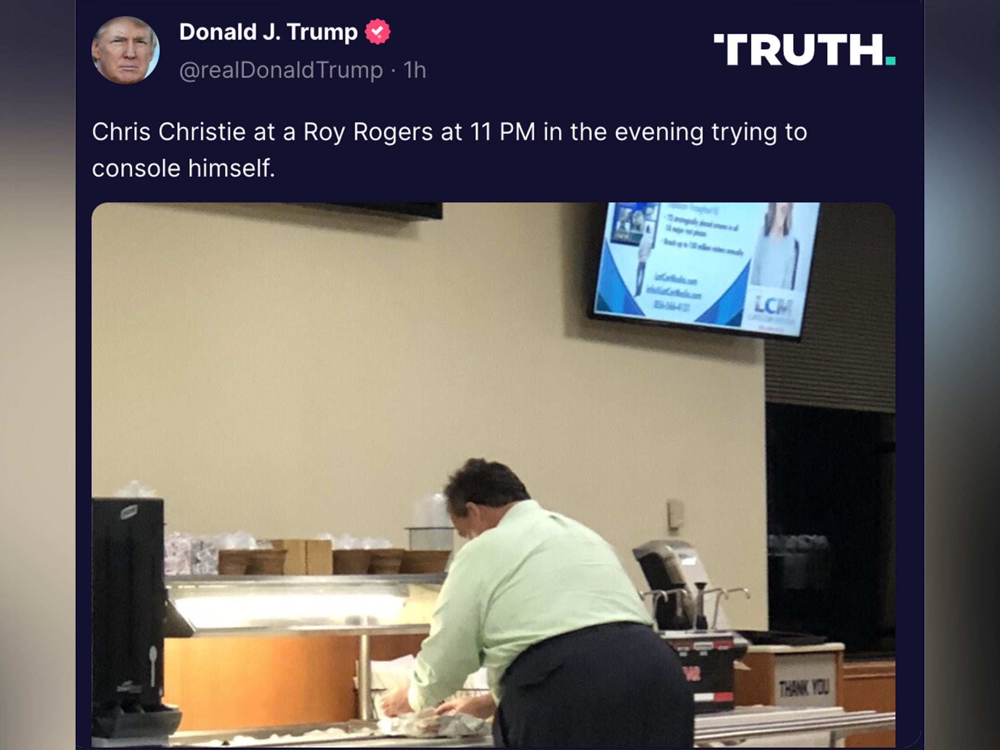 Donald Trump shares a photo on Truth Social of a man leaning over a buffet with a message insulting former Republican New Jersey Governor Chris Christie