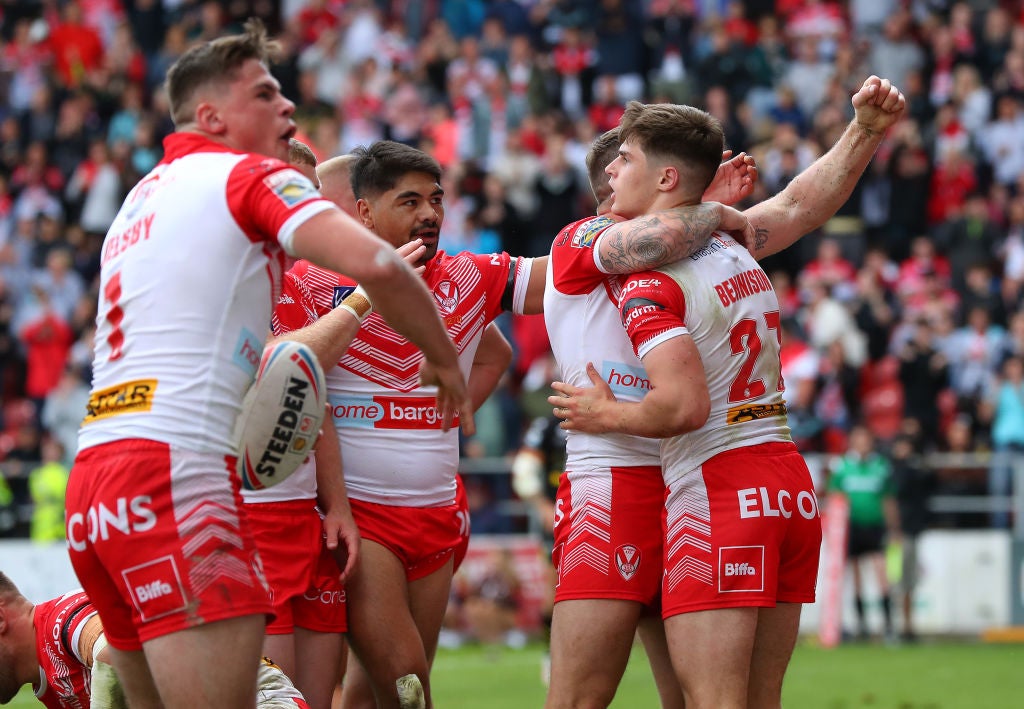 Jon Bennison celebrates the third try scored by St Helens