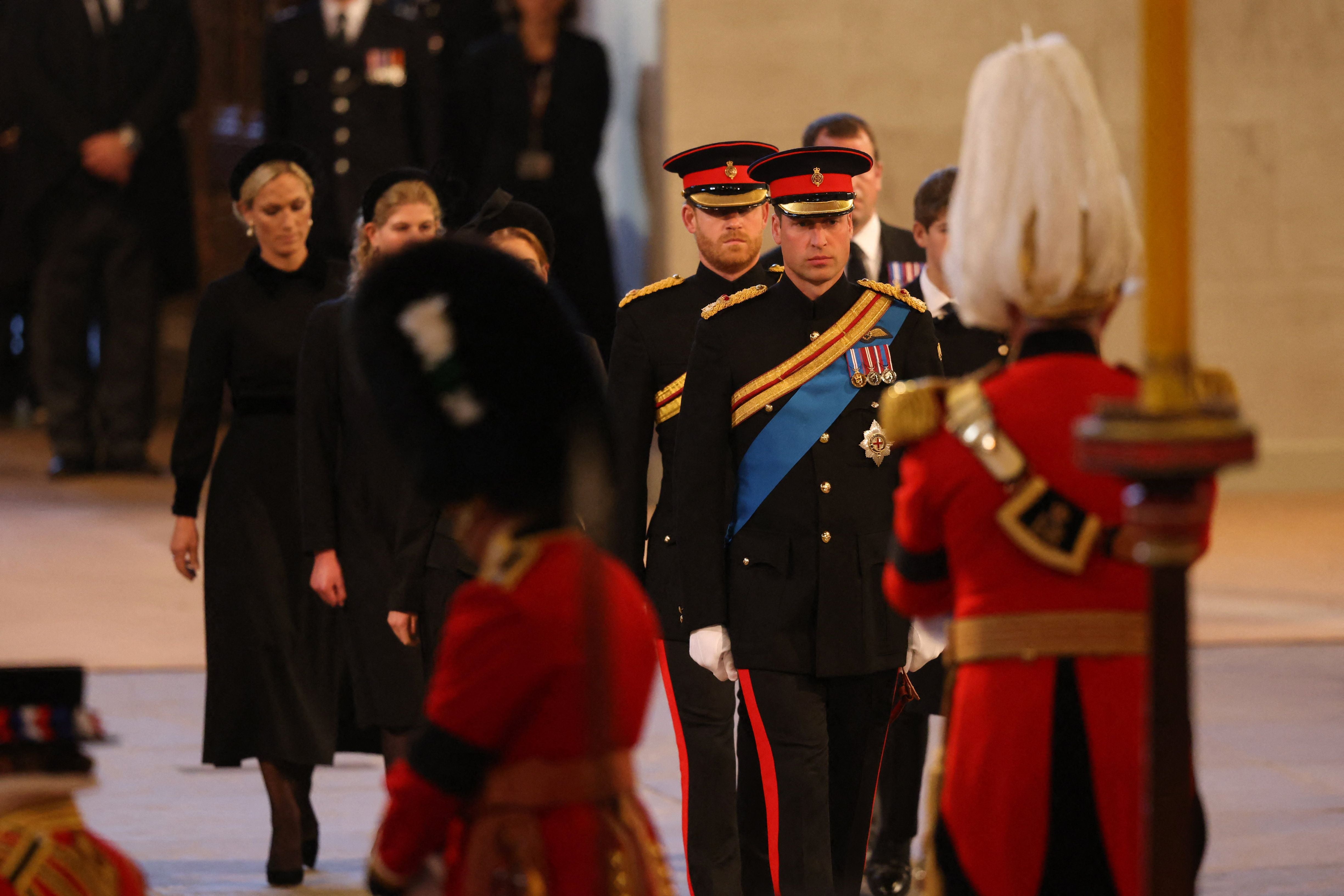 The Queen’s eight grandchildren arrive at Westminster Hall for an evening vigil