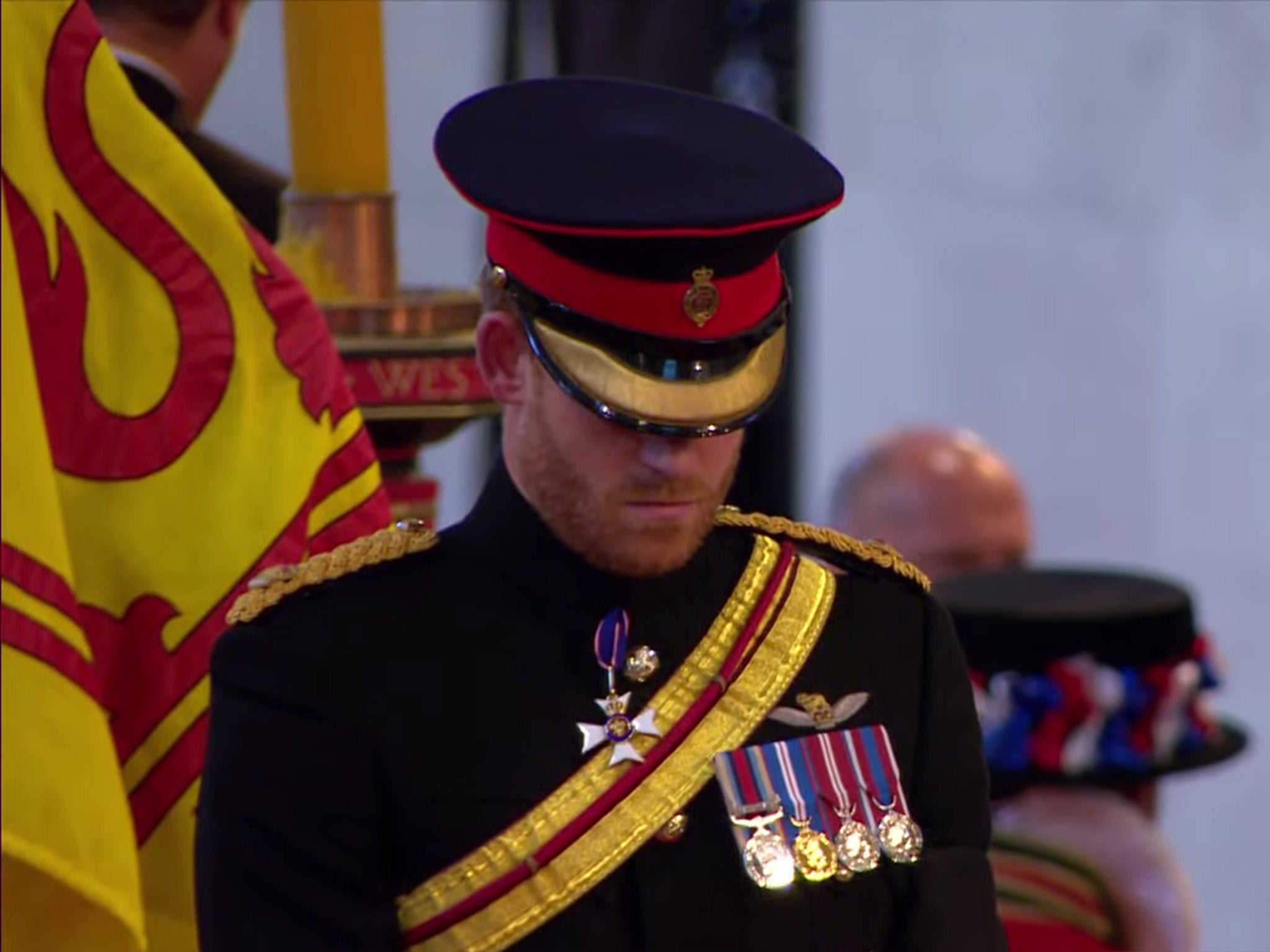 The Duke of Sussex stands alongside his brother, William, and six cousins around the coffin of Queen Elizabeth II