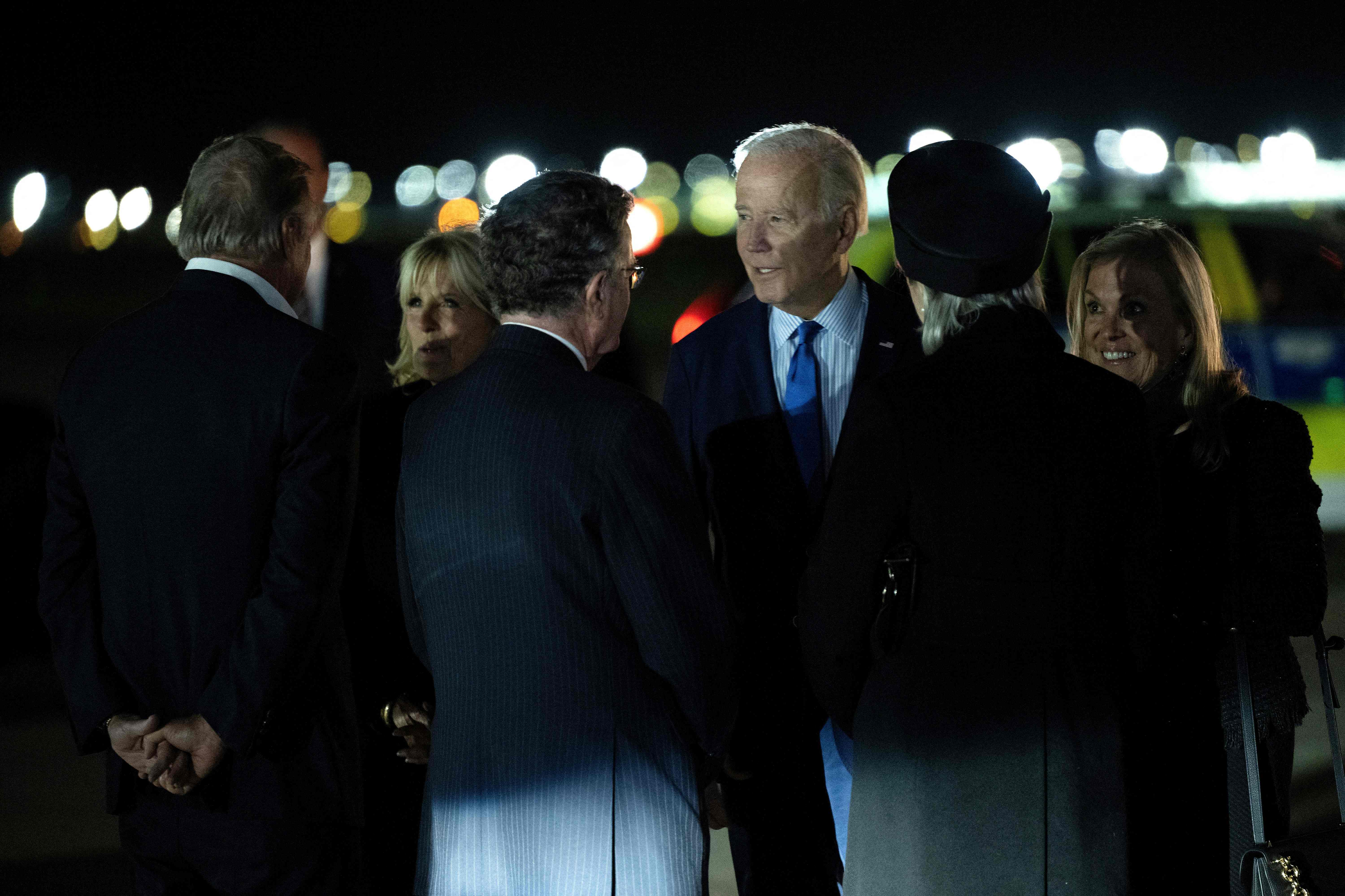 US ambassador Jane Hartley greets the Bidens as they step off Air Force One at Stansted Airport