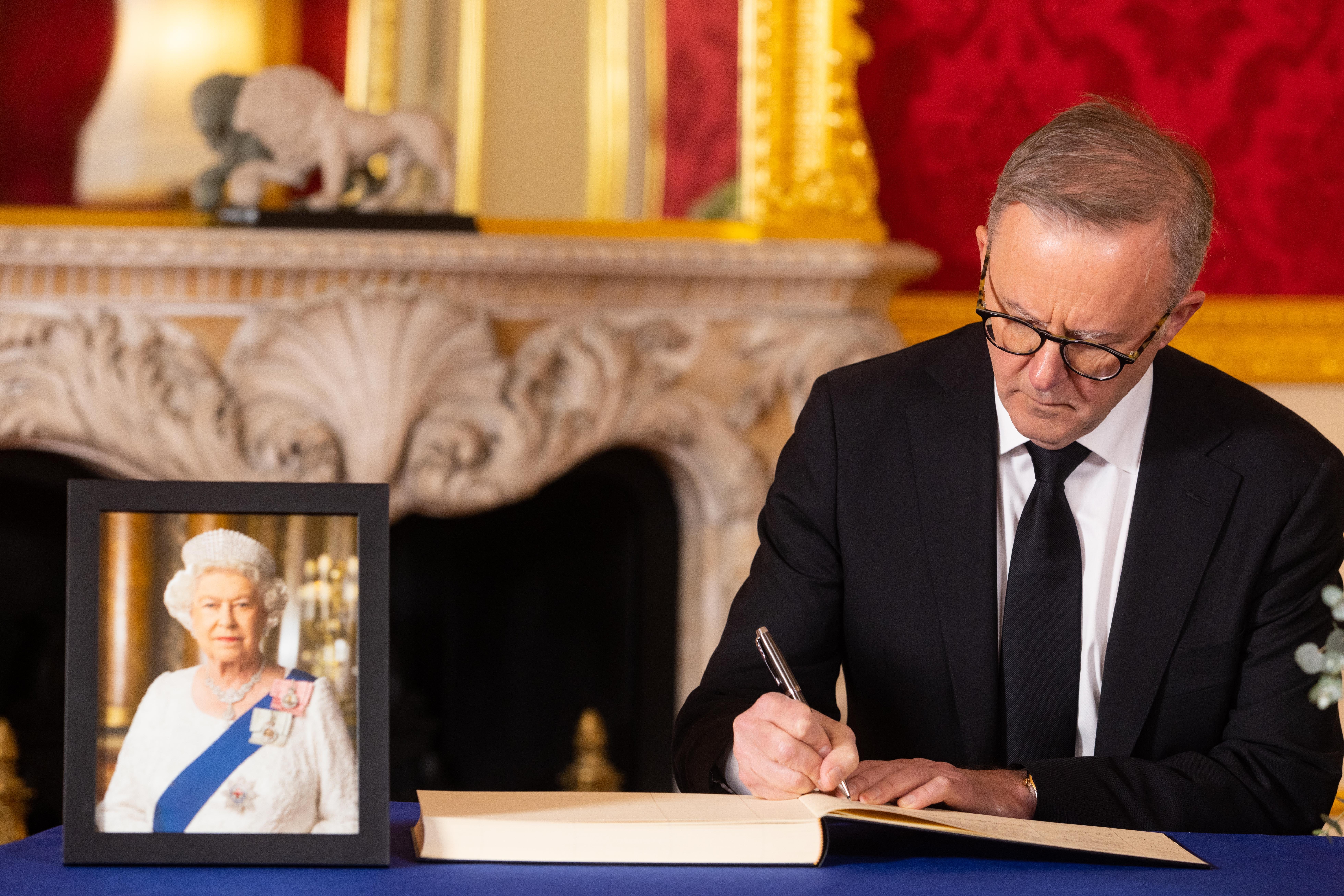 Anthony Albanese, Prime Minister of Australia, signs a book of condolence at Lancaster House in London (David Parry Media Assignments/PA)