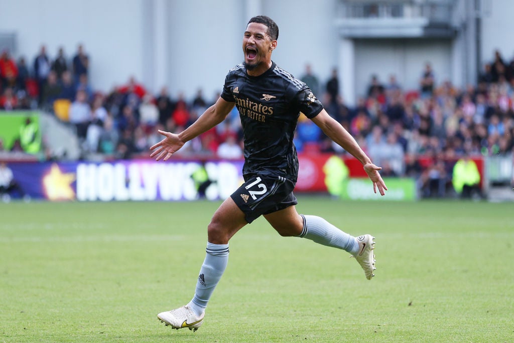 William Saliba celebrates after putting Arsenal in front