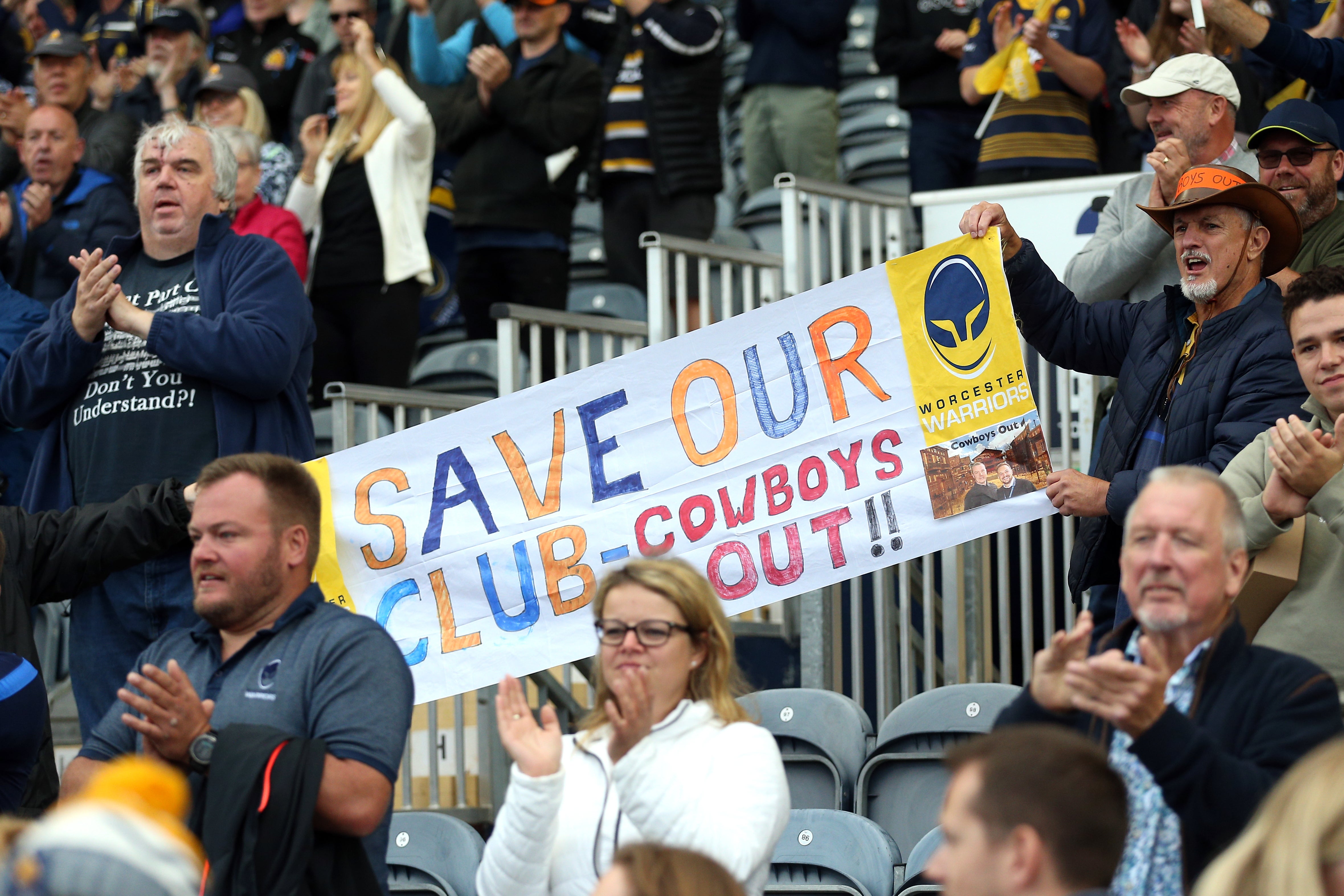 Worcester Warriors fans in the stands hold up a banner reading “Save Our Club” following the match (Nigel French/PA)