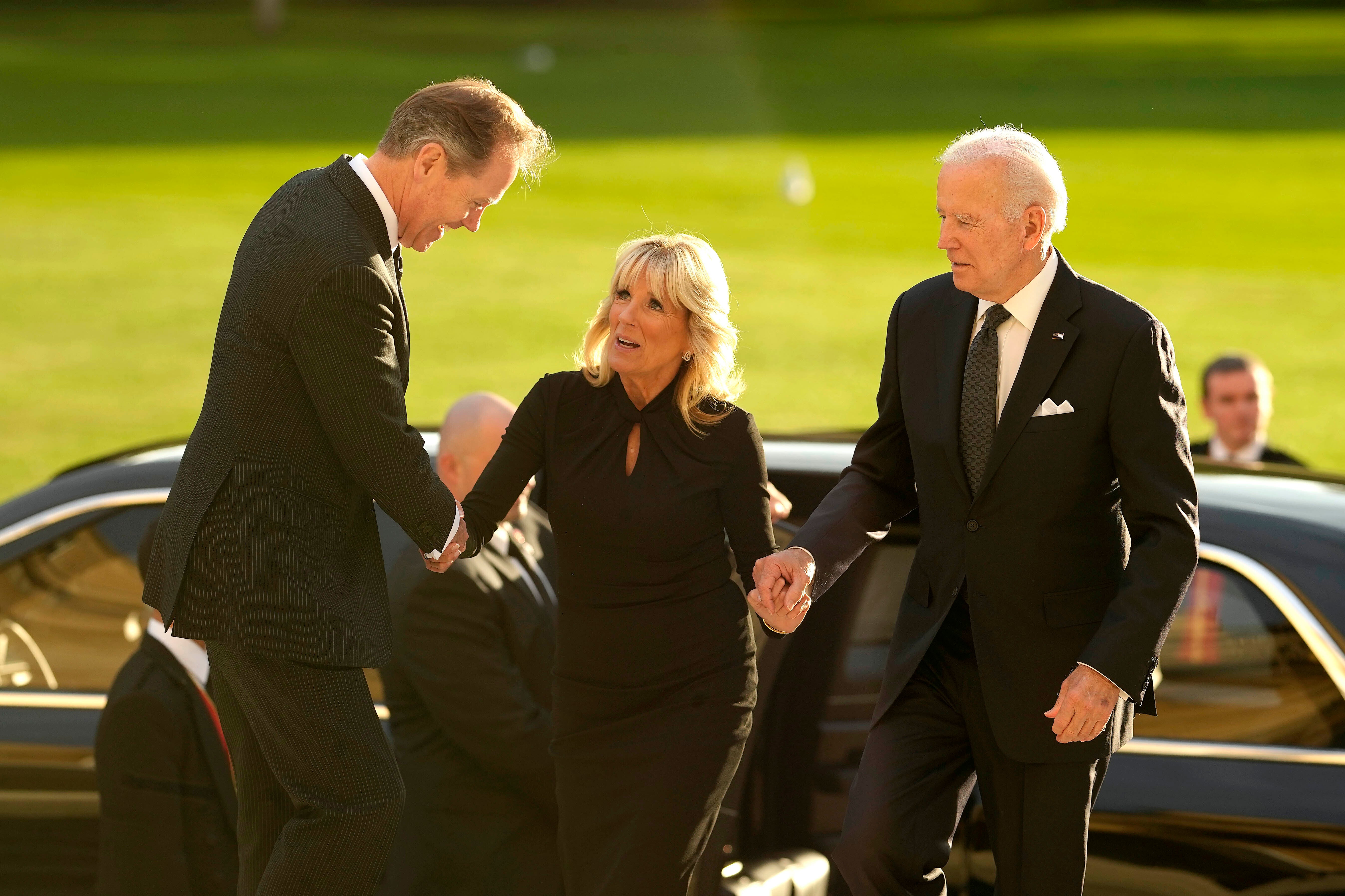 US President Joe Biden accompanied by First Lady Jill Biden are welcomed by Master of the Household Sir Tony Johnstone-Burt at Buckingham Palace