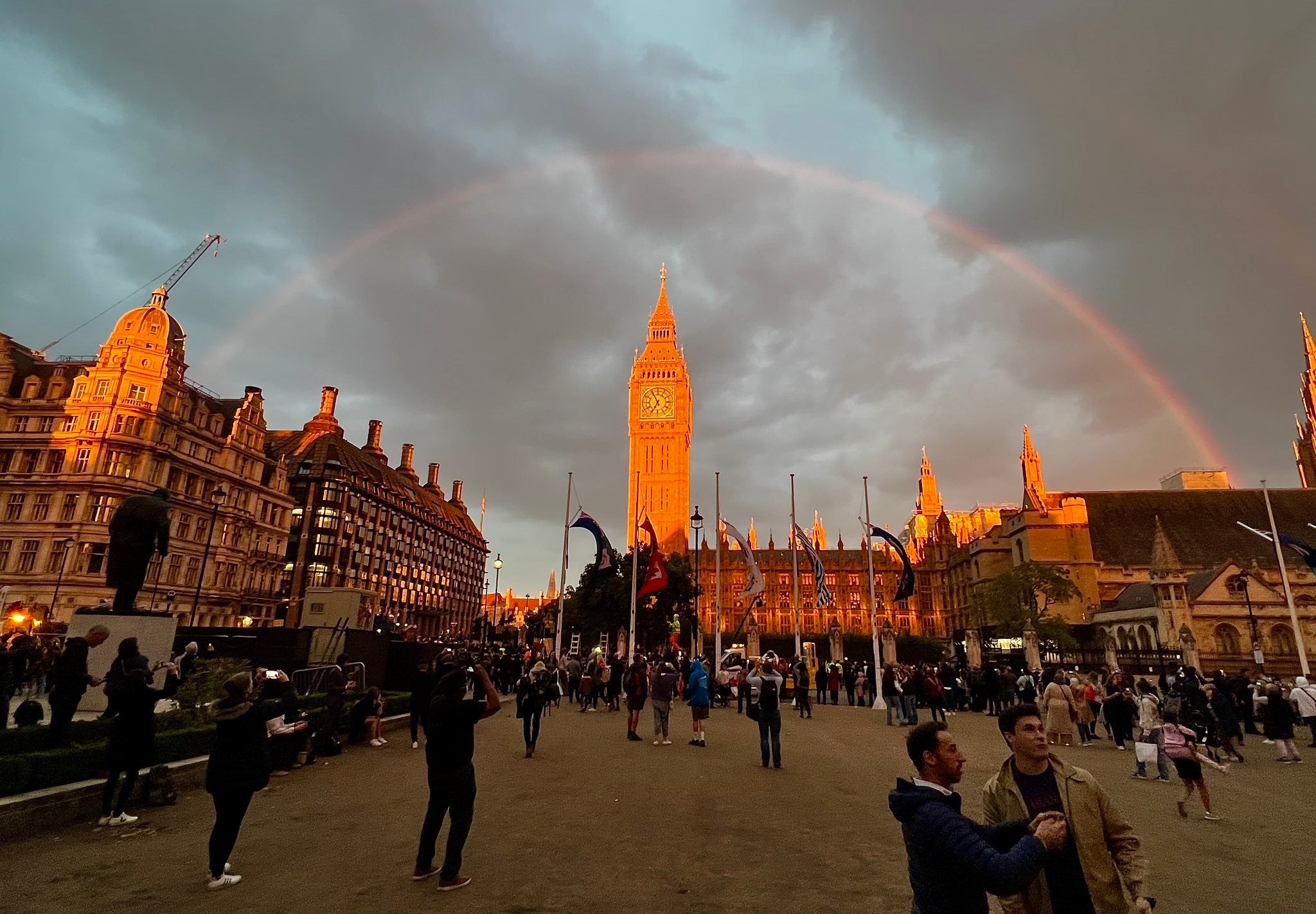 A rainbow was spotted over Westminster on the final evening of the Queen’s lying in state (@RobG_UK/Twitter)