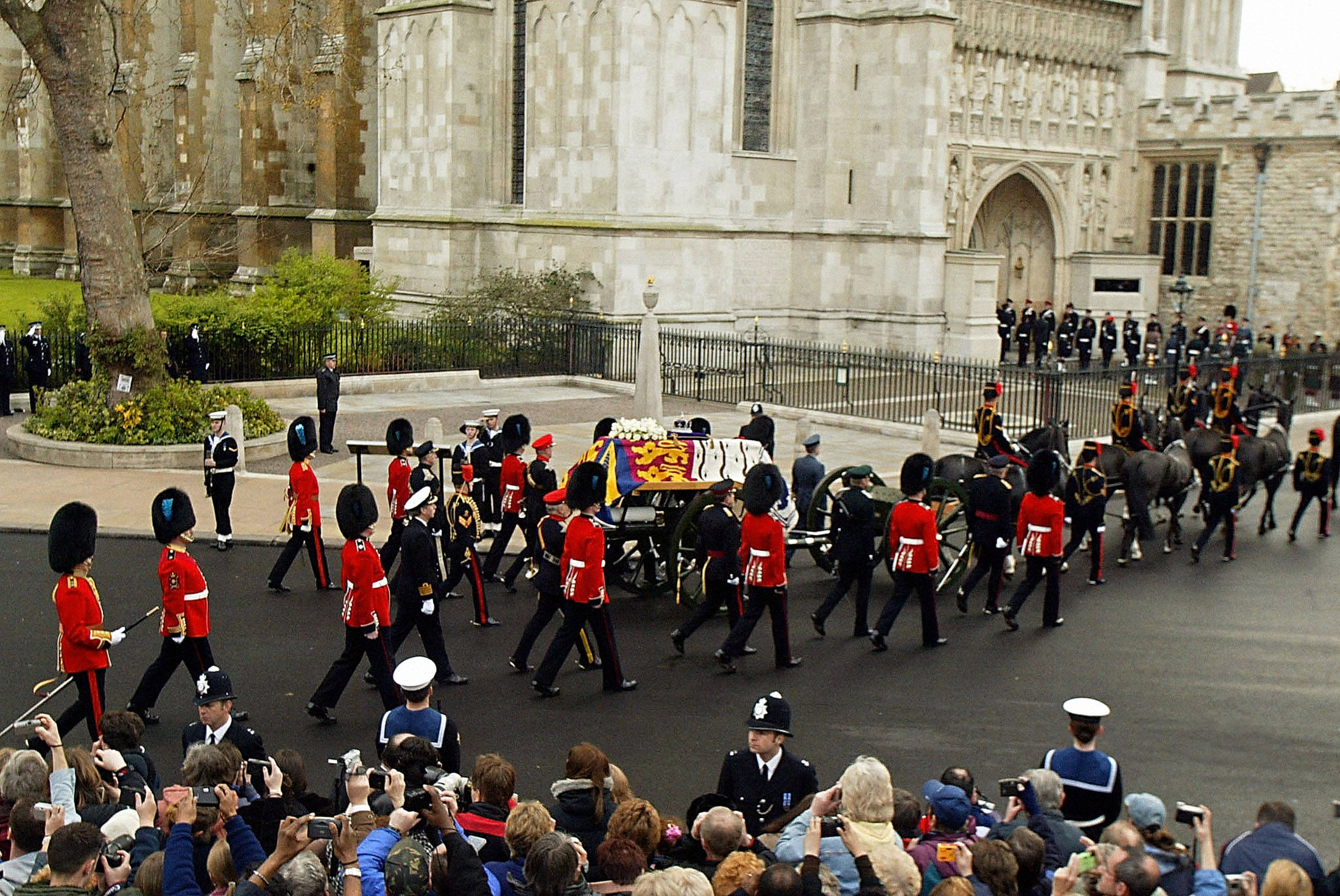 The gun carriage bearing the Queen Mother's coffin