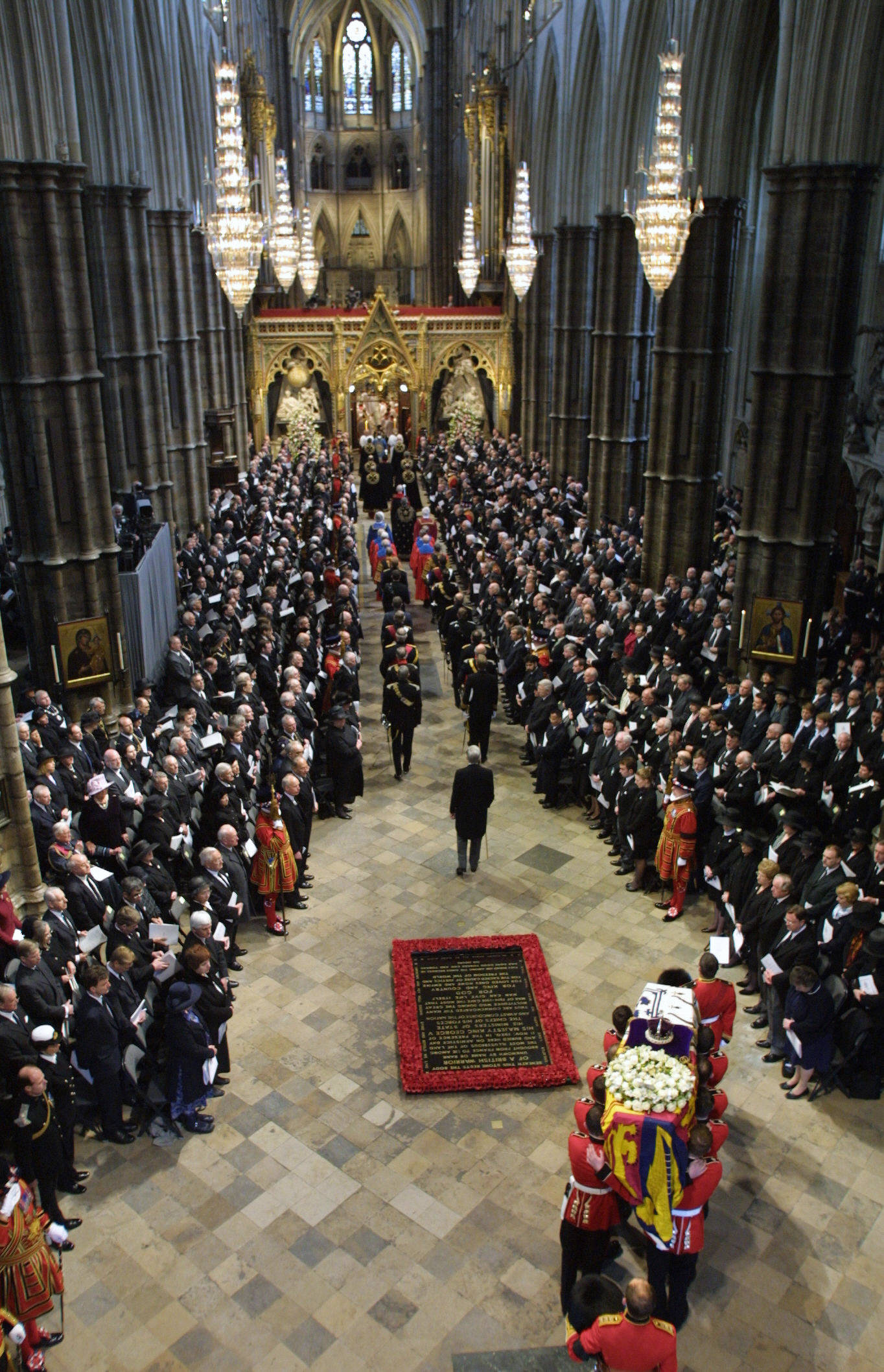 The Queen Mother's coffin arrives at Westminster Abbey