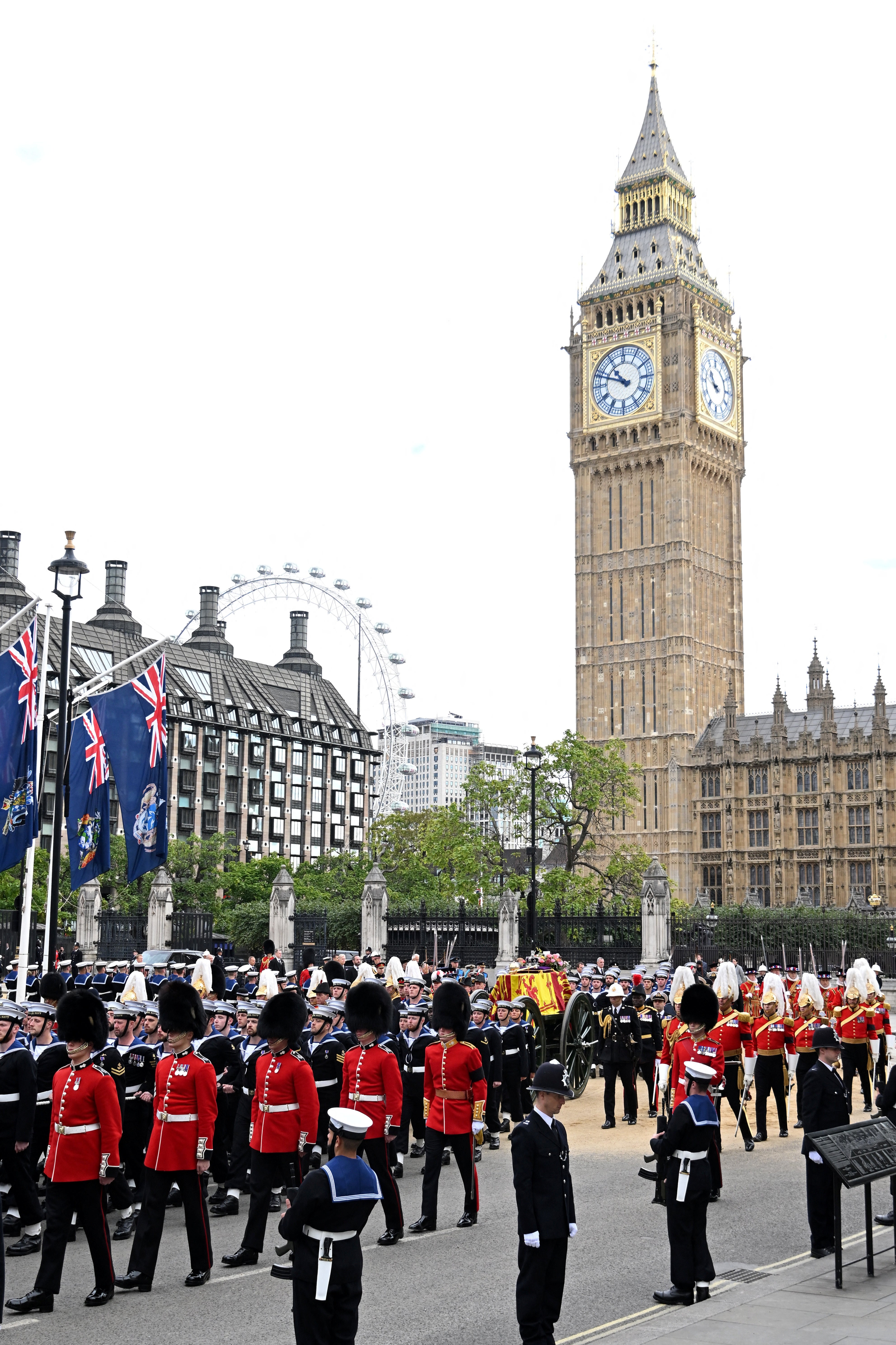 The Queen’s coffin is borne on the State Gun Carriage of the Royal Navy as it proceeds towards the Abbey