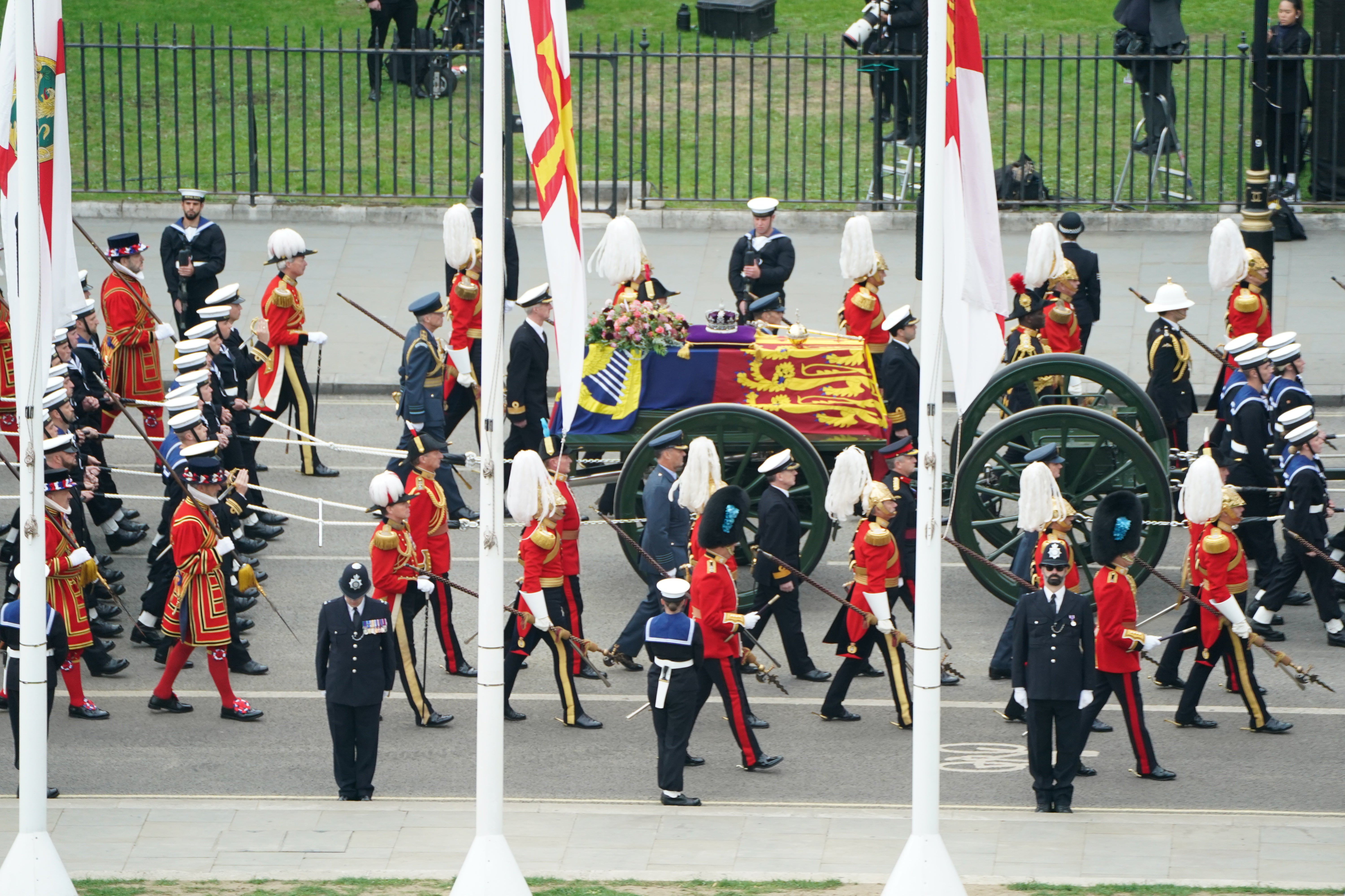 The state gun carriage carries the coffin of the Queen