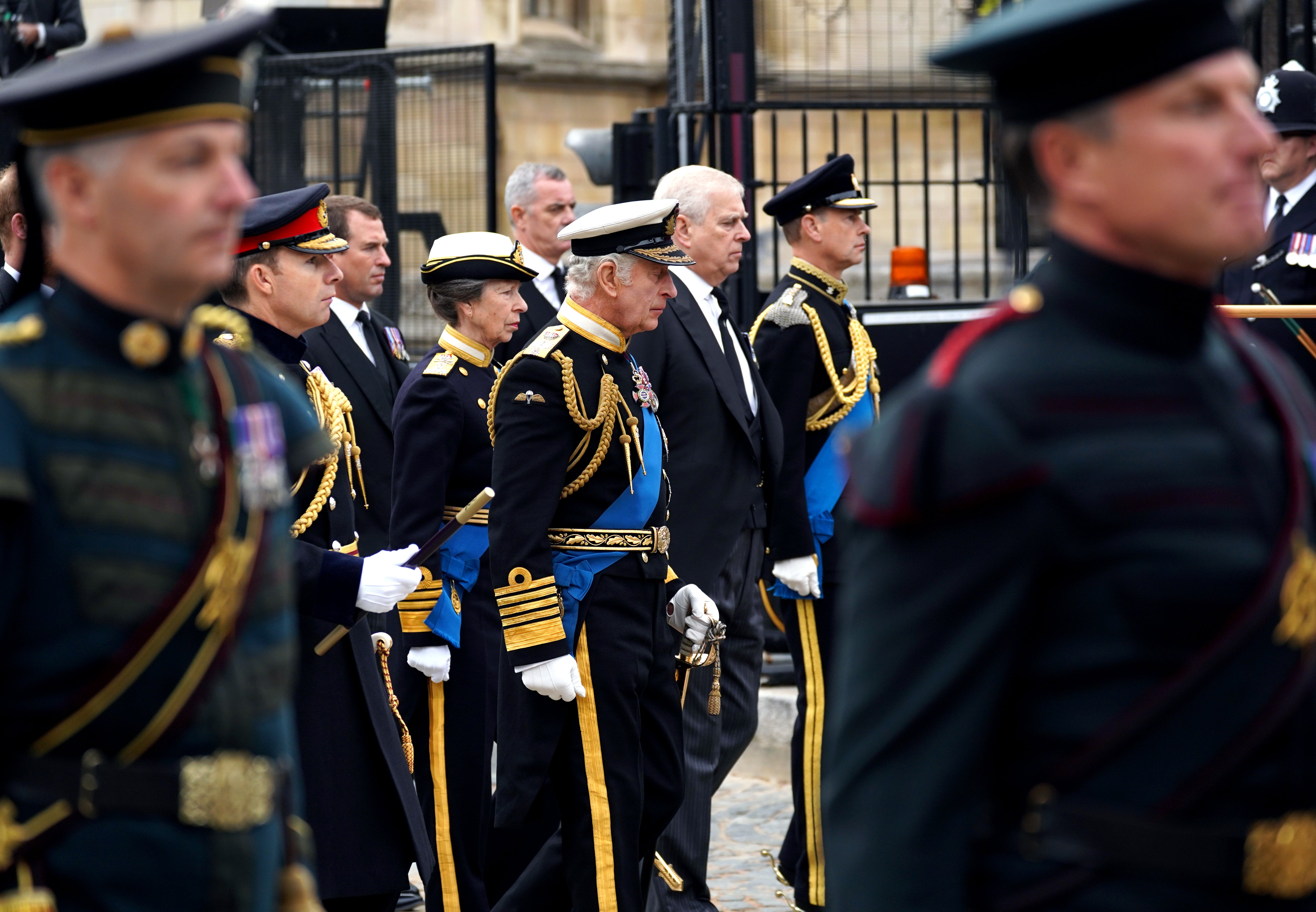 King Charles III, the Princess Royal, the Duke of York and the Earl of Wessex as the coffin of Queen Elizabeth II left Westminster Hall for the state funeral at Westminster Abbey (Yui Mok/PA)